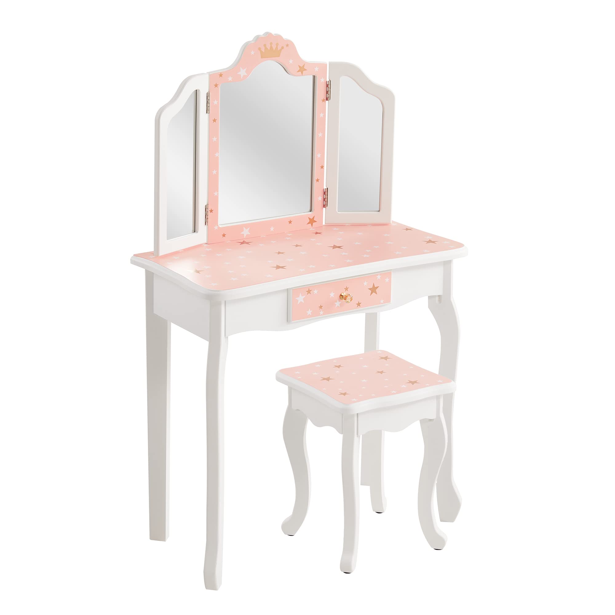 Kids Vanity Table and Chair Set - Girls Princess Makeup Dressing Table with Tri-Folding Mirror, Stool & Drawer | Perfect for Birthday Gifts, Bedroom Decor & Pretend Play (Ages 3-8)