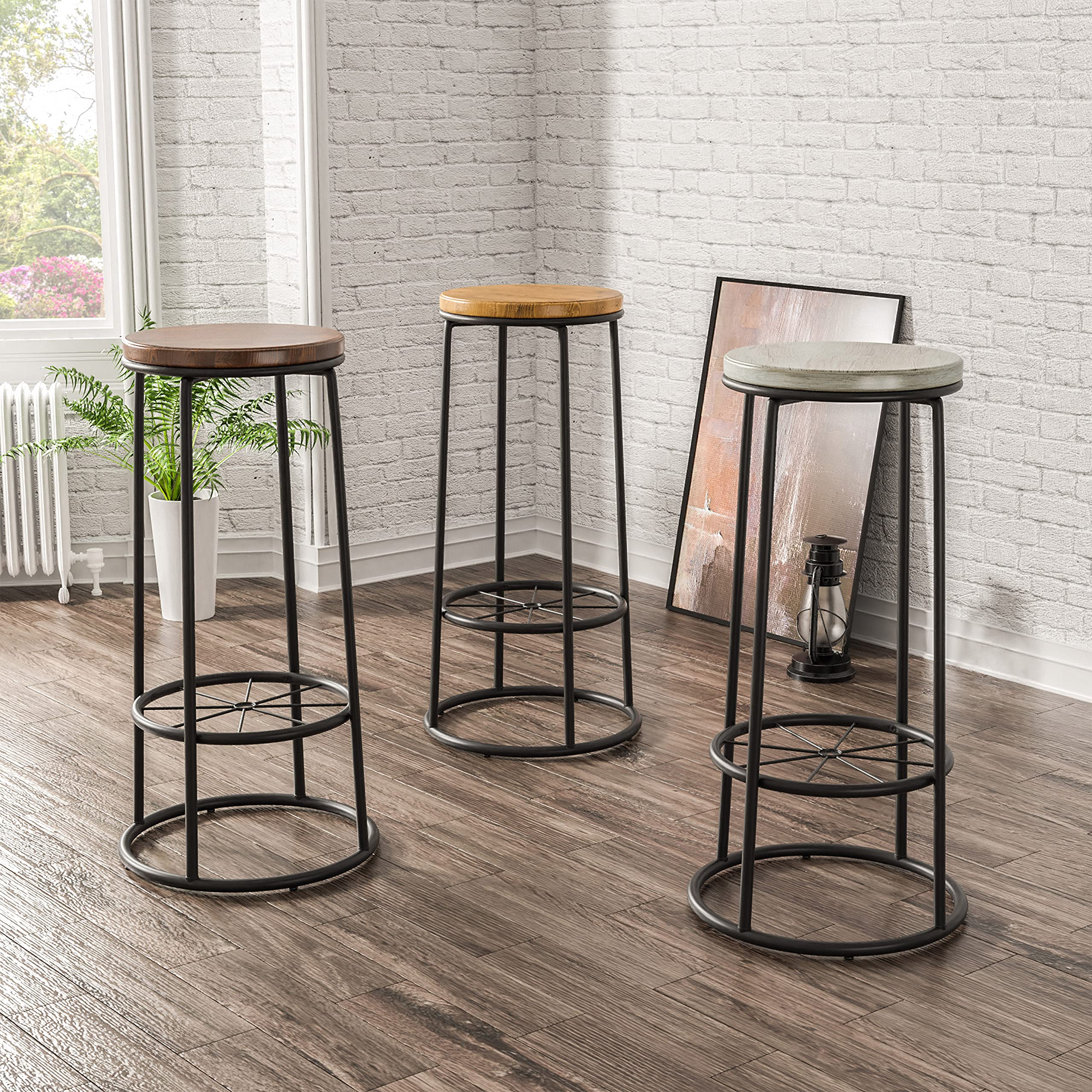 Modern Round Metal Bar Stools Set of 2 - 17 Inch Height with Footrest - Coastal White Kitchen & Dining Room Stools - Perfect for Breakfast Bars, Countertops & Home Decor