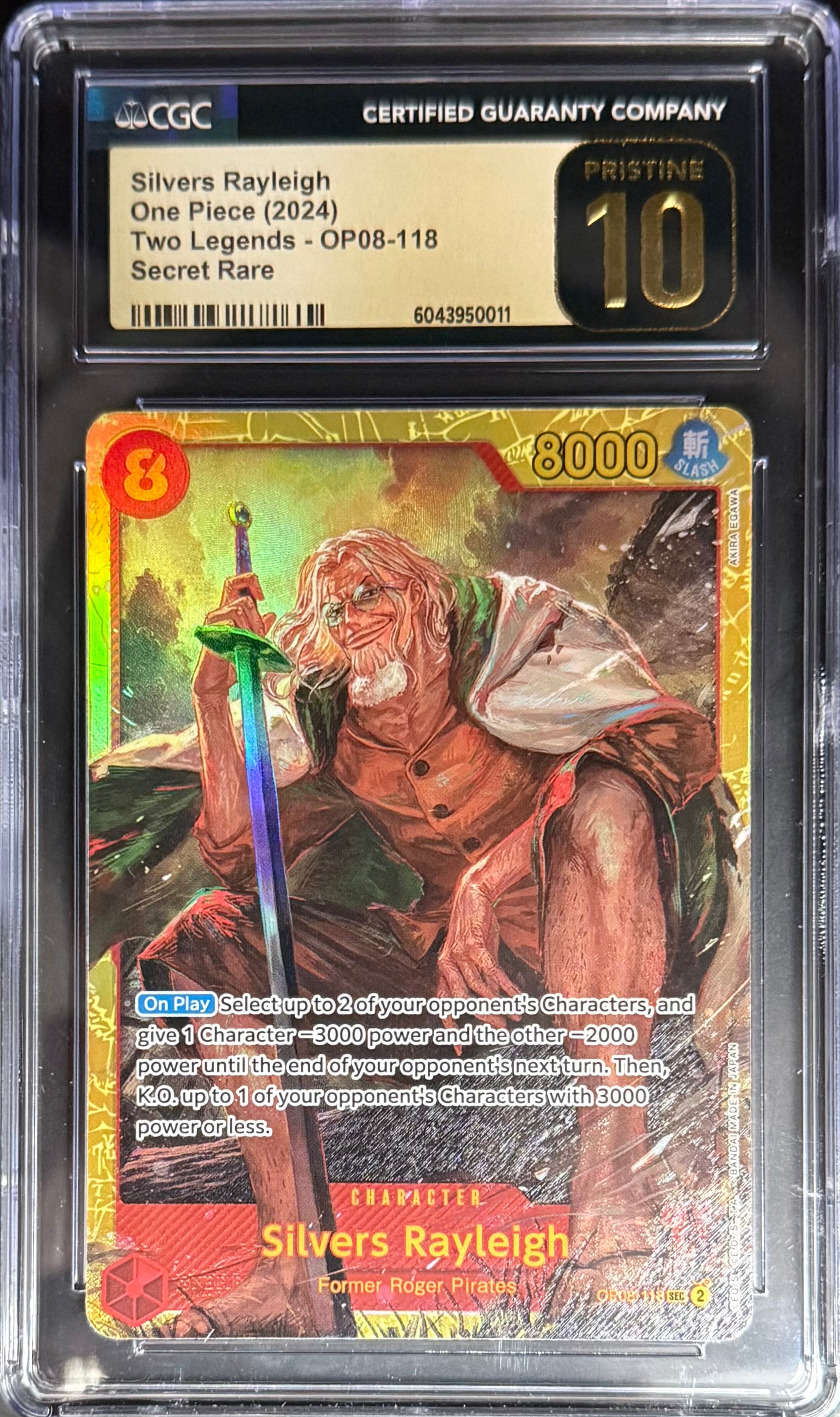 One Piece Silvers Rayleigh Secret Rare OP08-118 CGC 10 Graded Card - Perfect for Collectors & TCG Battles in 2024