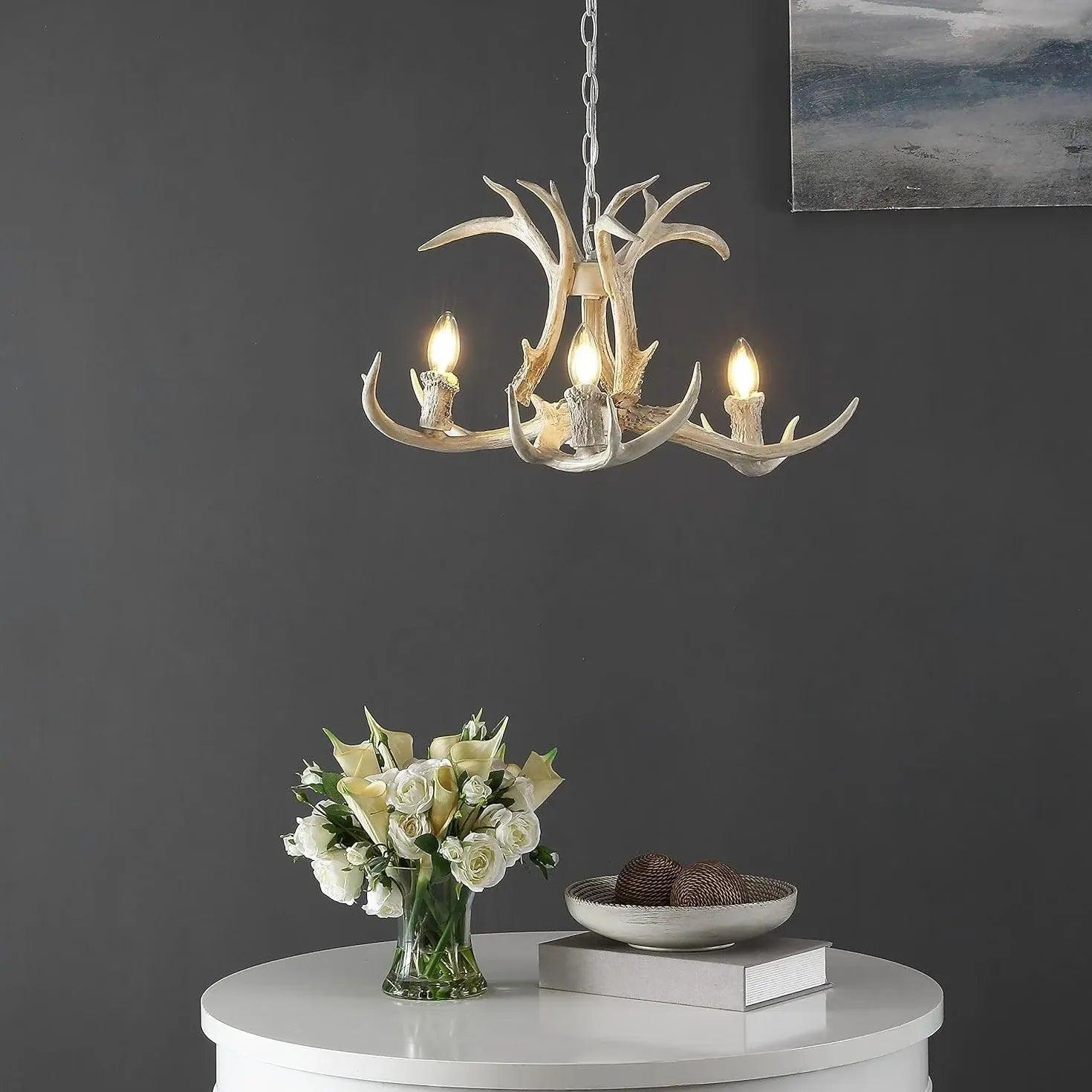 Faux Antler White Candelabra Branch Chandelier - Rustic Farmhouse Ceiling Light Fixture for Dining Room, Bedroom & Cabin Decor