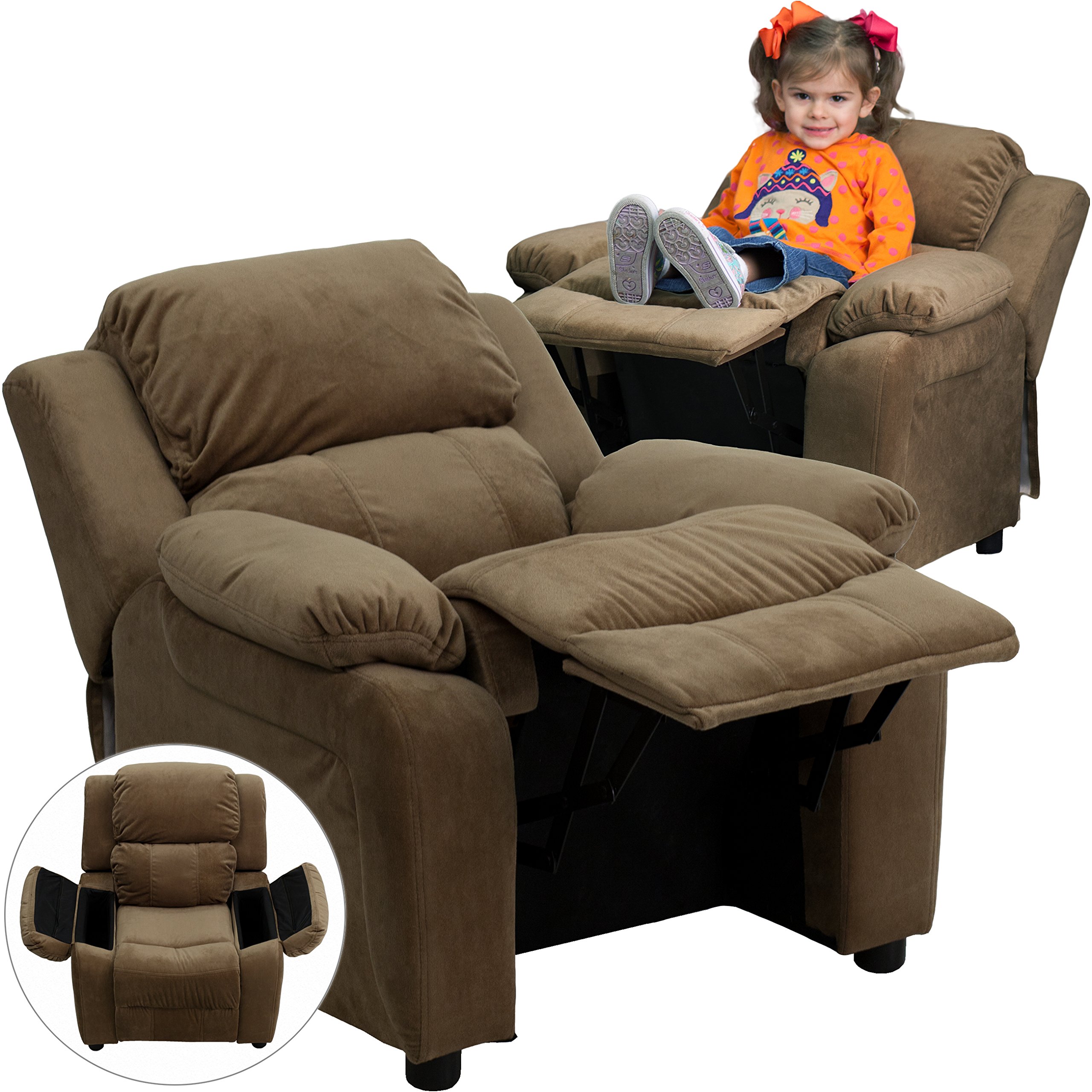 EMMA + OLIVER Deluxe Padded Brown Microfiber Kids Recliner Chair with Storage Arms - Comfortable Children's Lounge Chair for Bedroom, Playroom & Movie Nights