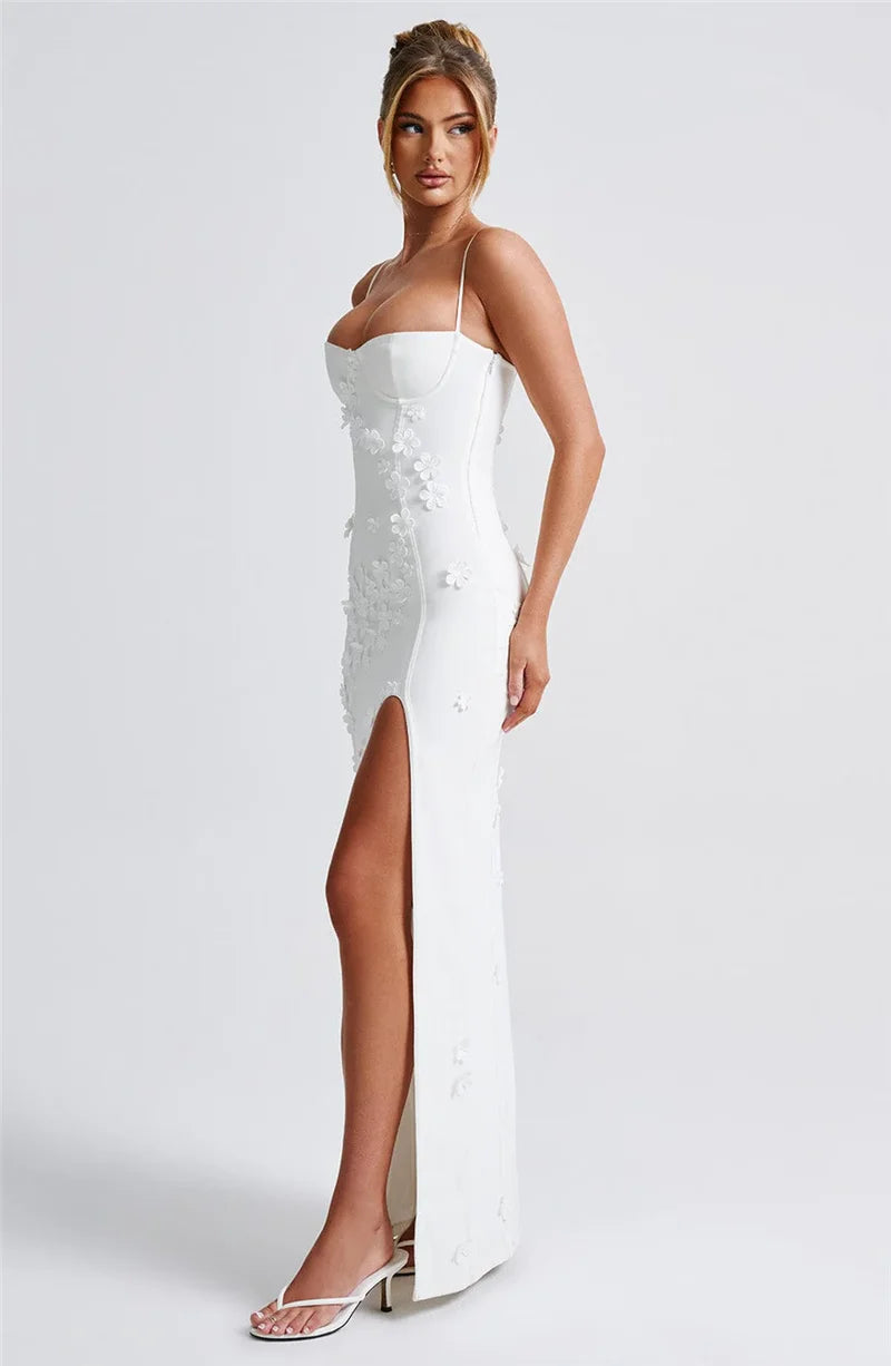 3D Floral Spaghetti Strap Sexy Maxi Dress for Women - Off Shoulder Backless Thigh High Split Evening Gown | Perfect for Club Parties, Date Nights & Summer Vacations