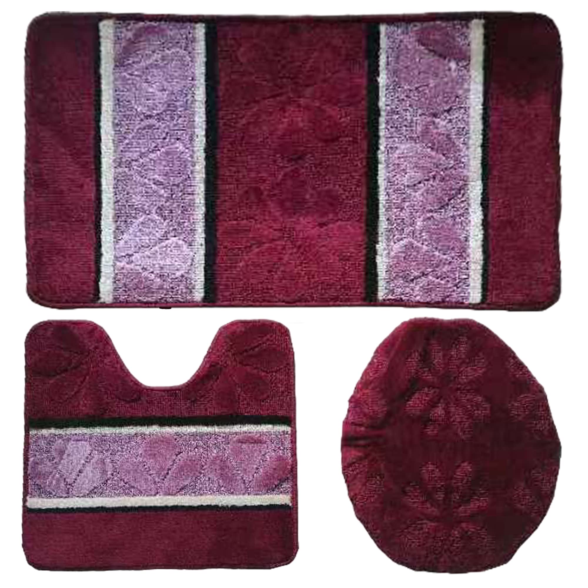 Premium 3-Piece Oversized Bath Rug Set - Soft Non-Slip Mosaic Design in Burgundy for Bathroom, Shower & Vanity Area - Luxury Bath Mat Collection for Home Spa Experience