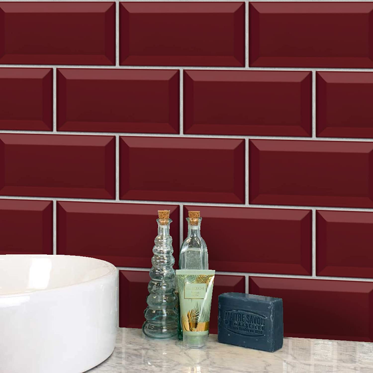 20cm x 10cm Red Kitchen Tile Stickers - Waterproof Peel & Stick Floor & Wall Decals for Home Decor (18 Pack) - Perfect for Backsplash, Countertops & DIY Home Renovation