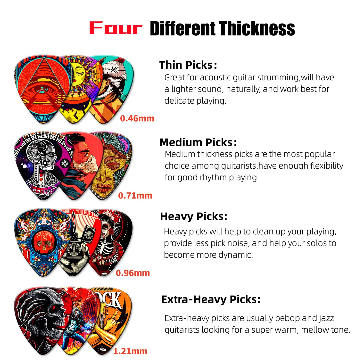 24 Pack Guitar Picks Variety Set - Thin, Medium, Heavy & Extra Heavy Celluloid Picks with Tin Box for Bass, Electric & Acoustic Guitar - Perfect Gift for Musicians & Guitar Lovers - Great for Practice, Recording & Live Performances