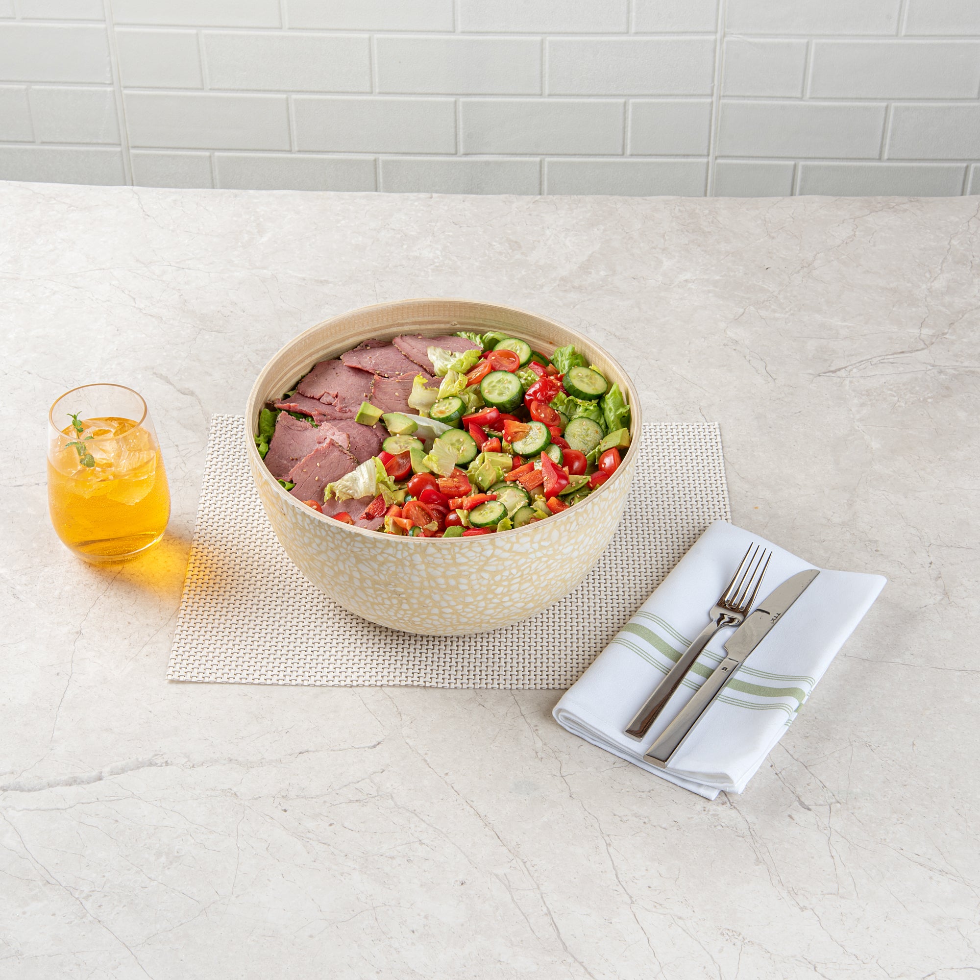 Premium 30 oz Round Beige Bamboo Salad Bowl - Eco-Friendly Spun Bamboo Large Serving Bowl (11