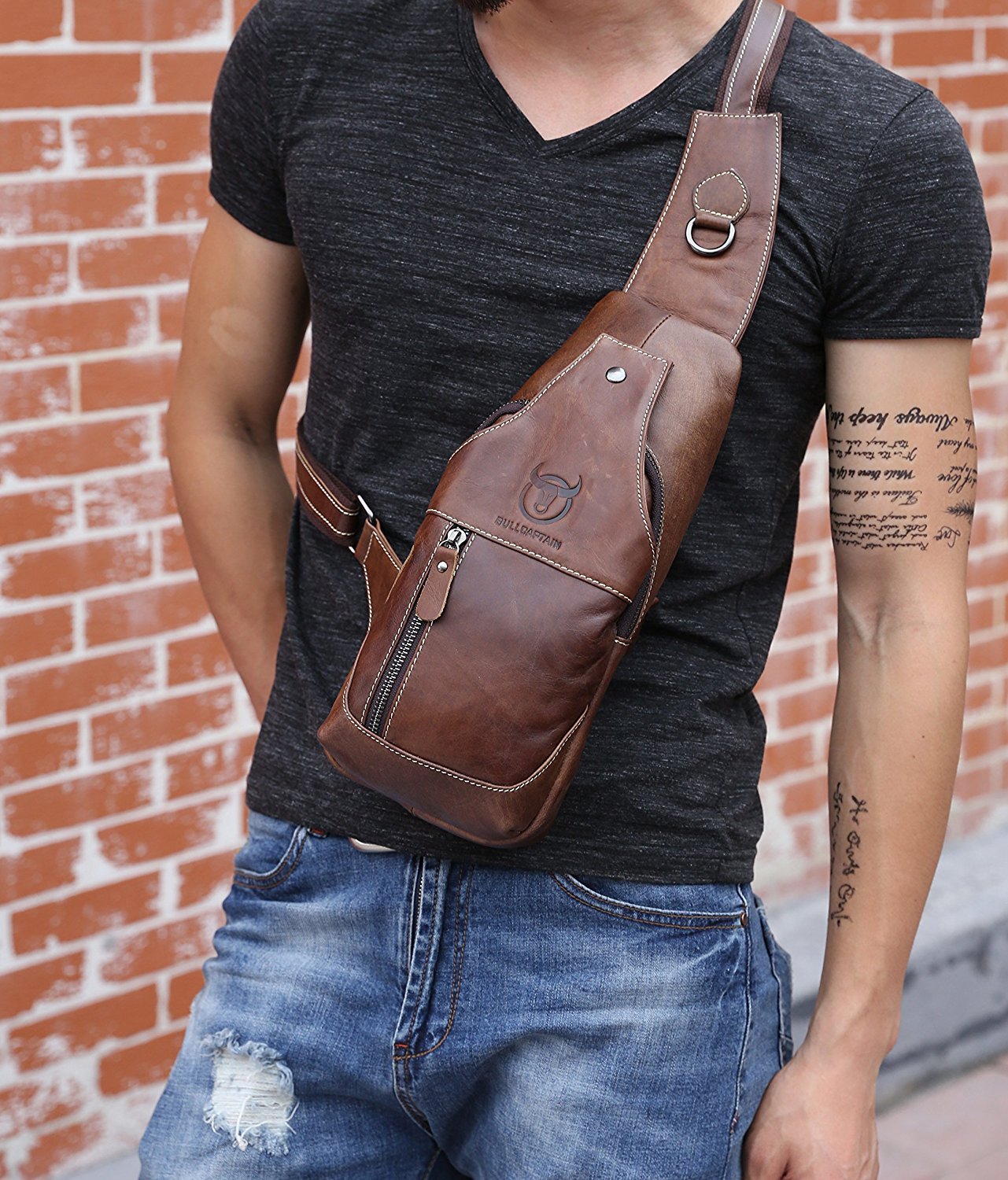 Genuine Leather Men's Sling Bag - Water Resistant Anti-Theft Chest Shoulder Backpack for Travel, Hiking, School & Daily Use | Crossbody Purse with Multiple Pockets for Phone, Wallet & Essentials