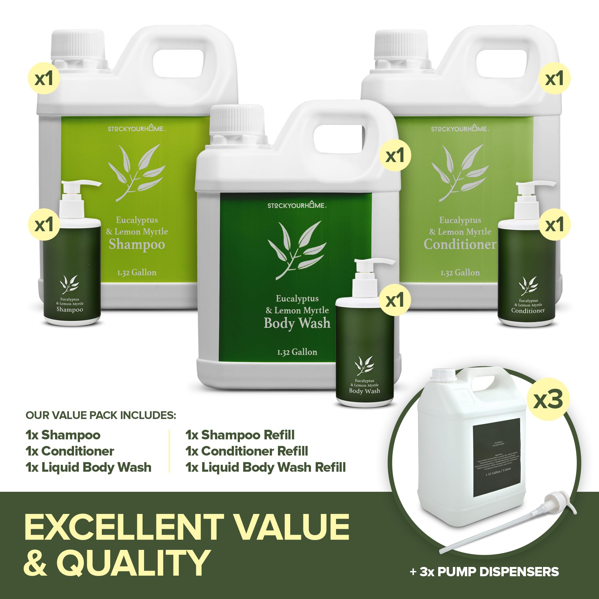 Bulk Hotel Amenities Kit with Gallon Refills - 10oz Soap, Shampoo & Conditioner Dispensers + 1 Gallon Refills - Guest Toiletries Set for Hotels, Motels & Airbnb | Perfect for Hospitality Industry & Travel Essentials