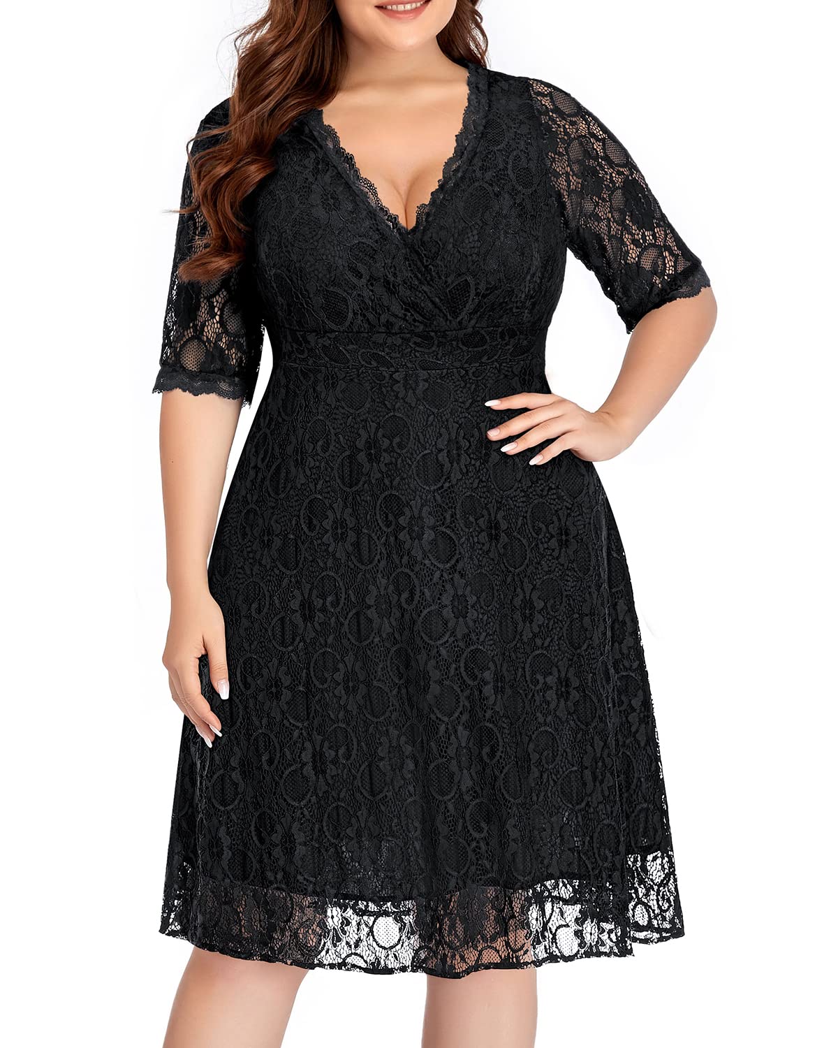 Plus Size Women's Lace Wrap V-Neck Knee-Length Dress for Wedding Guest & Cocktail Party | Semi-Formal Elegant Attire for Special Occasions
