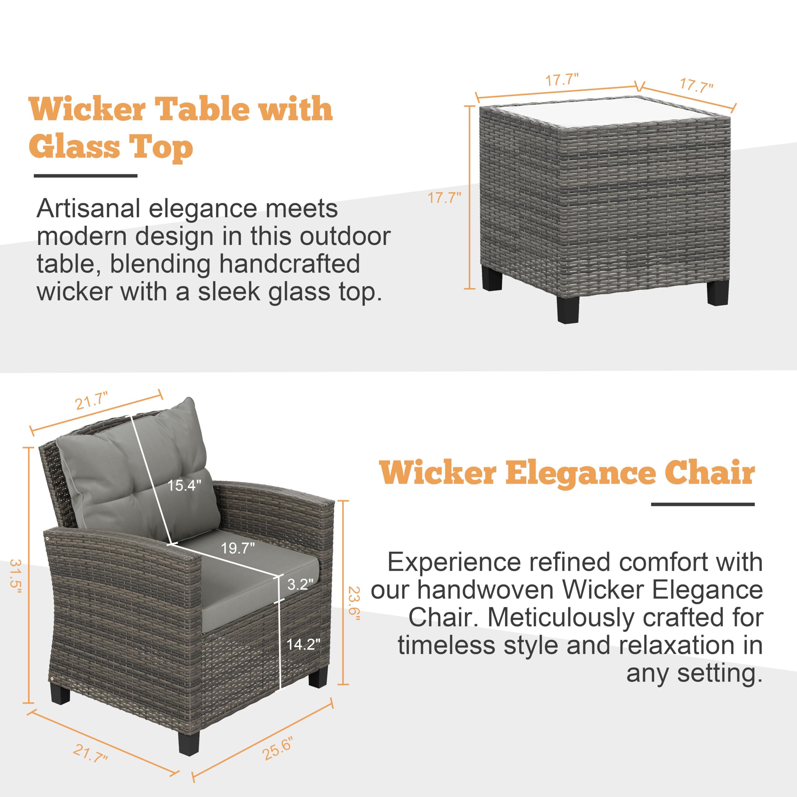 Shintenchi 3-Piece Patio Furniture Set - PE Rattan Wicker Chairs with Table, Outdoor Dining Set for Backyard, Garden, Poolside - Gray Rattan with Gray Cushion | Perfect for Outdoor Entertaining, Relaxing & Dining Al Fresco