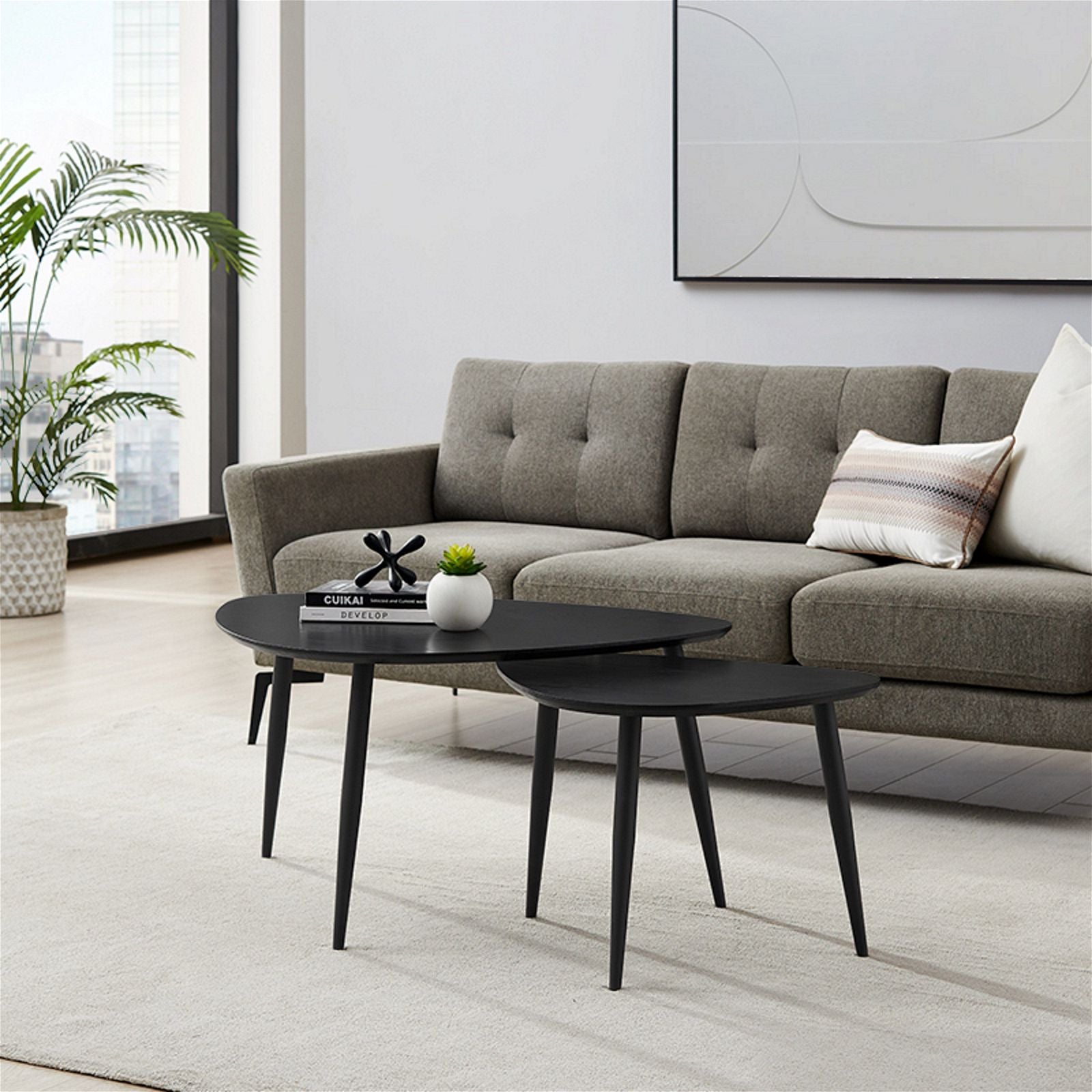 Modern Black on Black Oak Nested Coffee Table Set - Urban Style Contemporary Living Room Furniture for Small Spaces & Stylish Home Decor