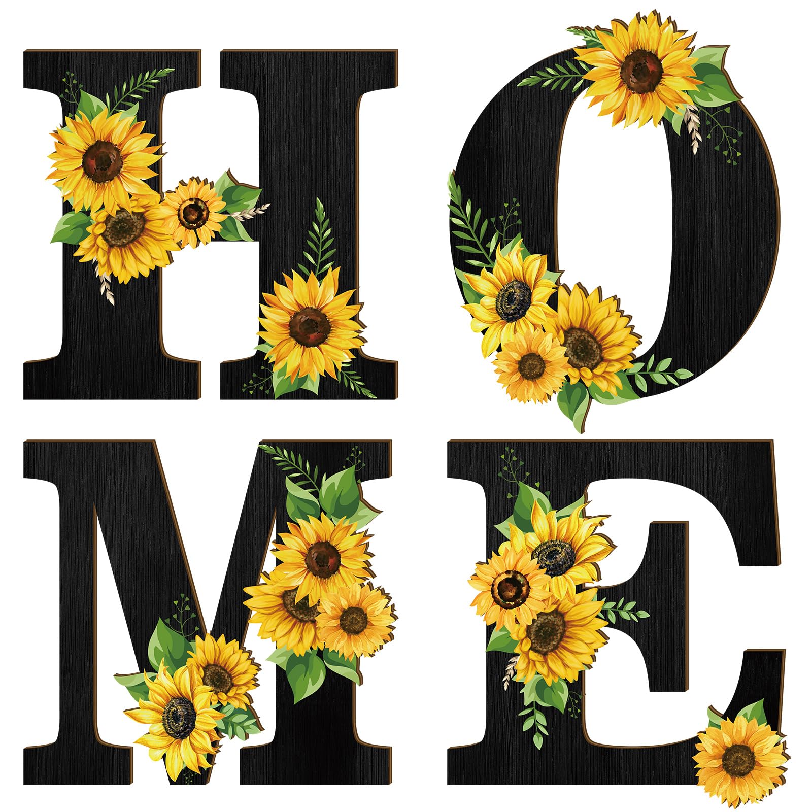 Geetery 4-Piece Sunflower Wall Decor Set - Rustic Wooden Hanging Wall Art with Home Letters for Kitchen, Living Room & Bedroom - Black Farmhouse Decor (Perfect for Farmhouse, Cottage & Boho Style Home Decor)