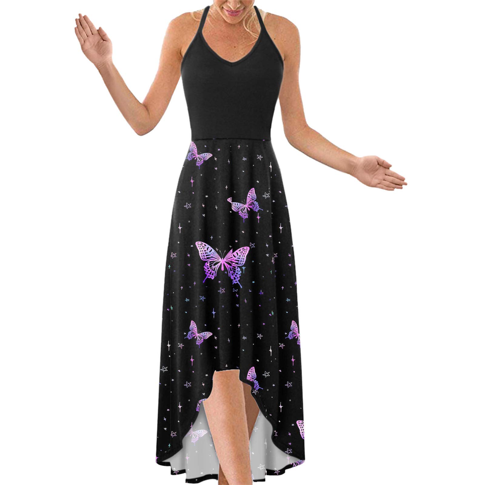 ONHUON Women's Boho Floral Print V-Neck Sleeveless Midi Maxi Dress - Casual Summer Patchwork Long Dress for Beach, Vacation & Outdoor Events