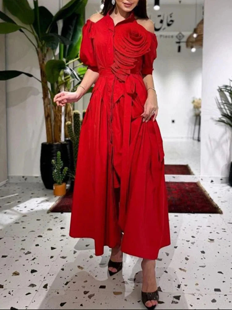 Sexy Red Off-Shoulder Party Dress for Women - Hollow Out Short Sleeve Lapel Design with Patchwork Appliques & Pleated Details | Perfect for Birthday Parties, Date Nights & Special Occasions