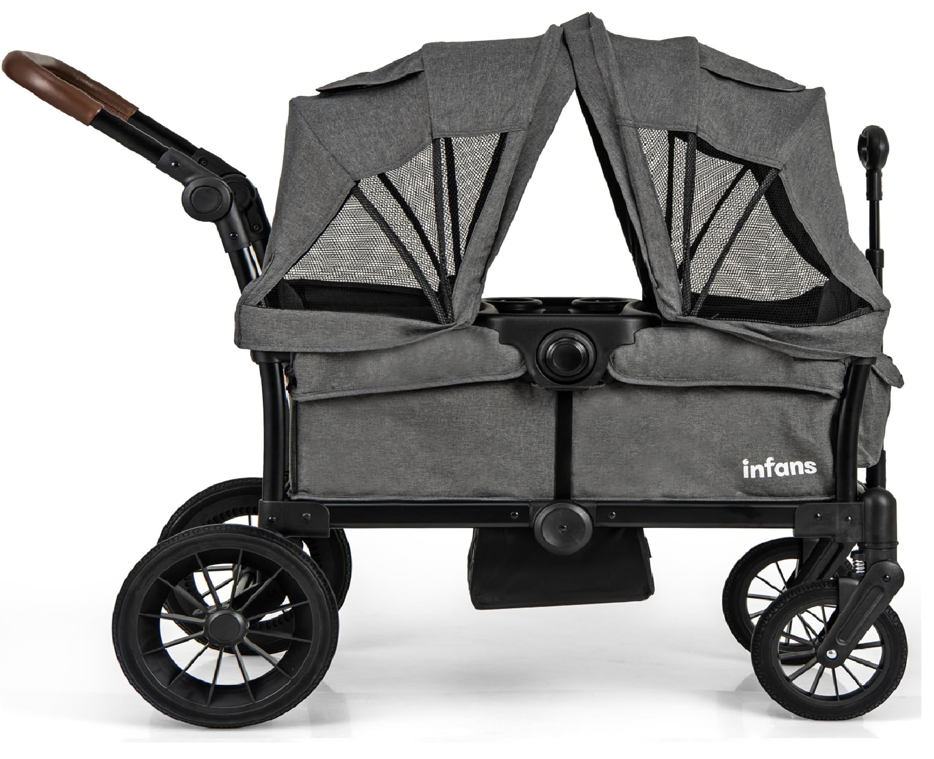 **INFANS 2-in-1 Collapsible Stroller Wagon for Kids – Adjustable Push/Pull Handle, Removable Canopy & Snack Tray, Padded Seats & Drop-Down Footwell – Perfect for Beach, Park, and Family Outings**