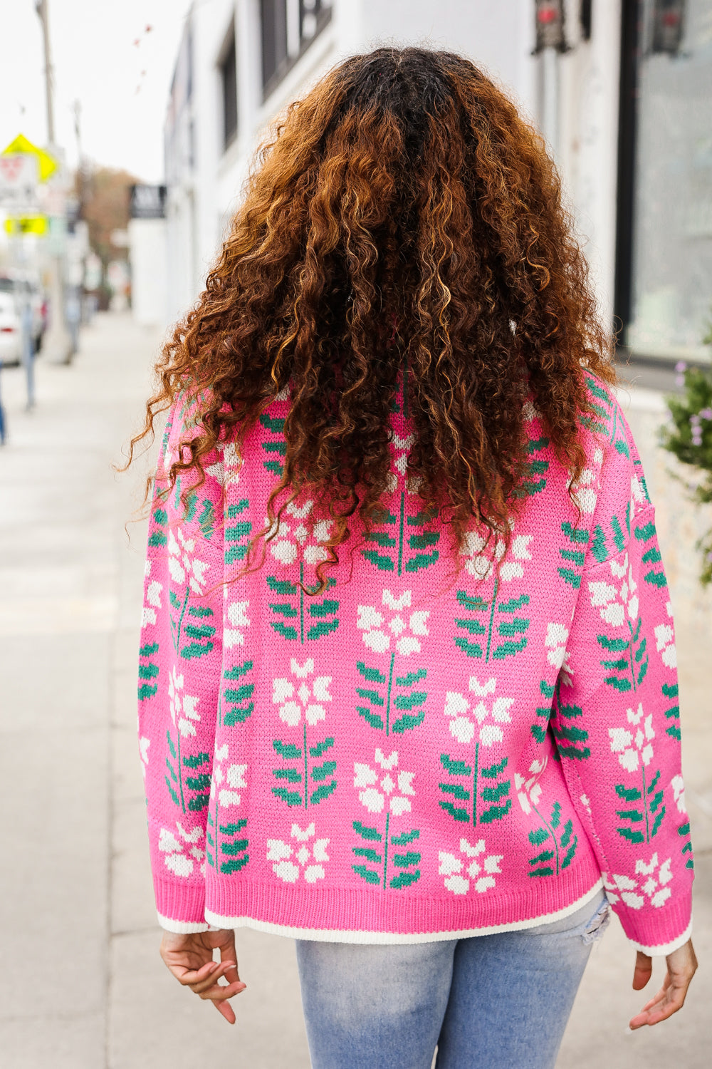 All For Love Fuchsia Flower Print Button Down Knit Cardigan for Women - Soft Casual Long Sleeve Open Front Sweater for Spring, Fall & Winter (Office, Date Night, Weekend Outfits)