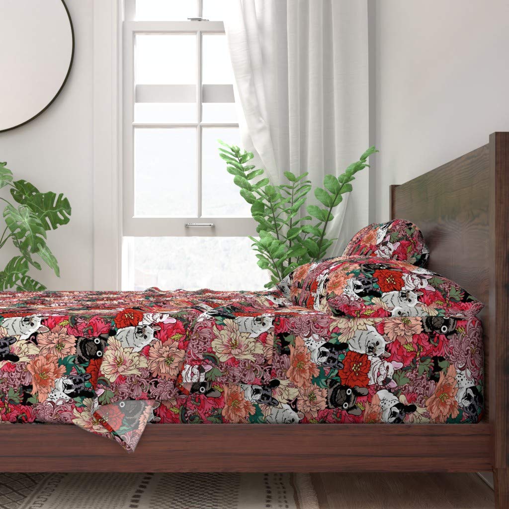 French Bulldog Print 100% Cotton Twin Sheet Set - 3pc Pink & Red Floral Dog Puppy Bedding | Soft & Breathable for Kids, Teens & Pet Lovers' Bedrooms