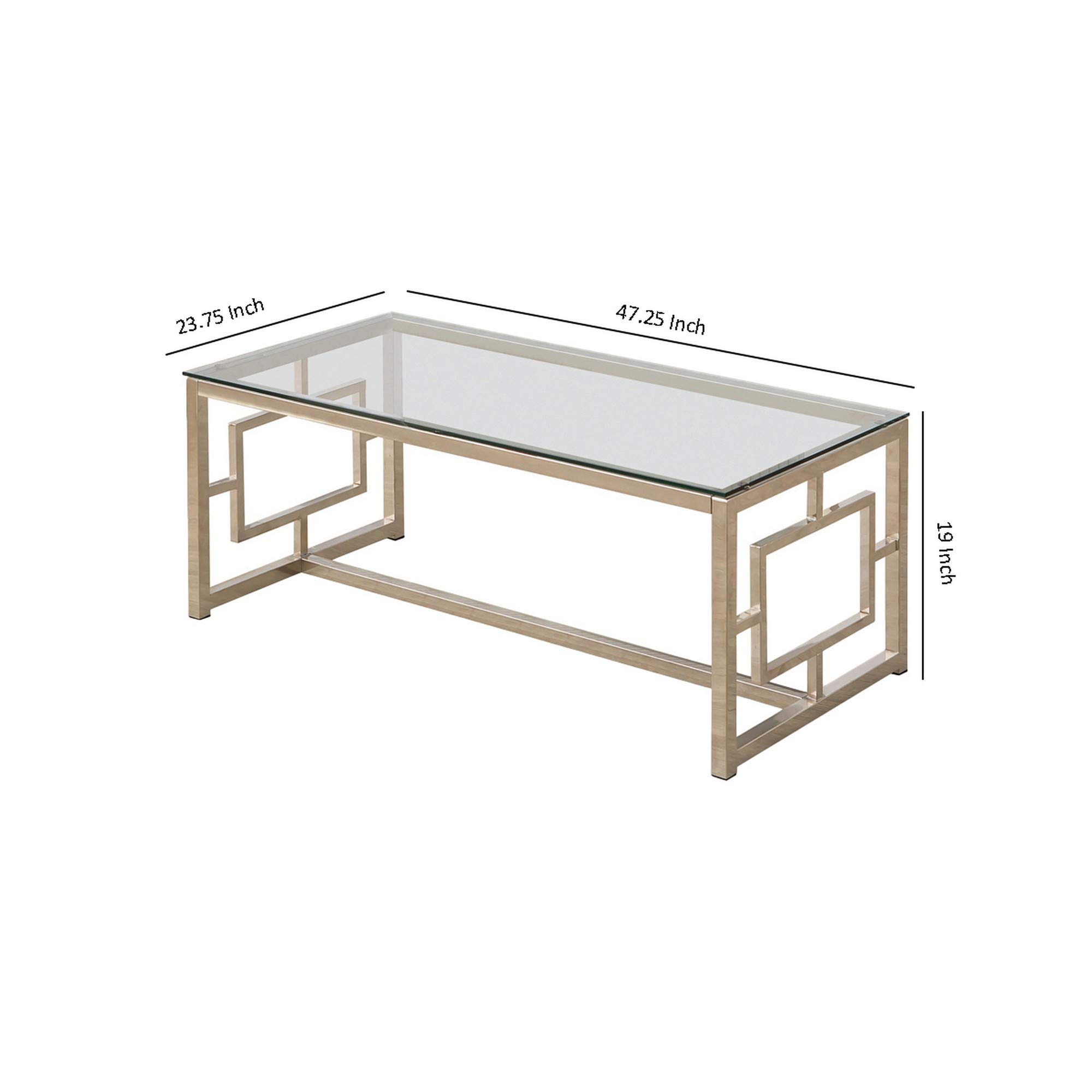 Benjara Silver & Clear Tempered Glass Coffee Table with Lattice Cut-Outs - Modern Living Room Furniture for Home & Office Decor
