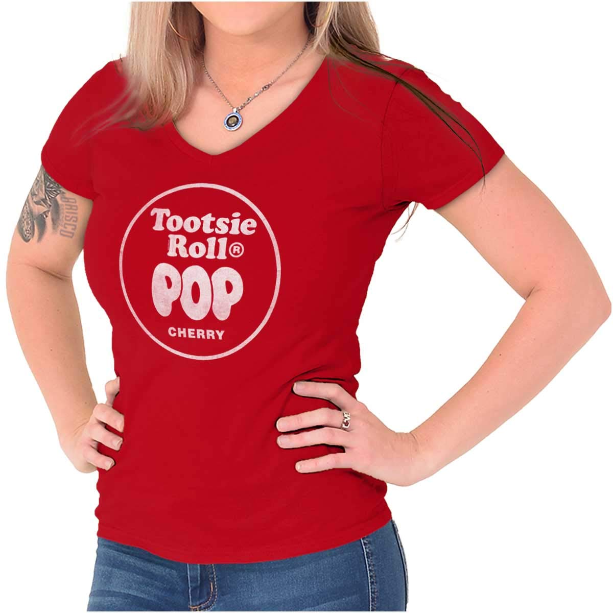 Banana Flavored Tootsie Roll Pop Candy - Women's Petite V-Neck T-Shirt | Fun Novelty Candy Lover Gift for Birthdays & Parties