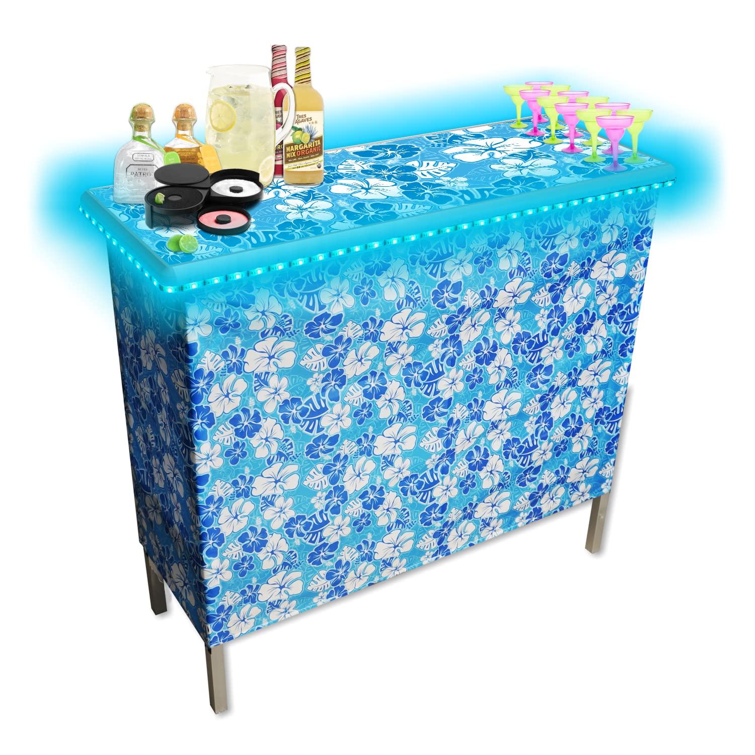 Portable Folding Party Bar with Multi-Color LED Lights, Hawaiian Theme Design, Storage Shelf & Skirt - Perfect for Backyard BBQs, Luau Parties & Outdoor Entertaining