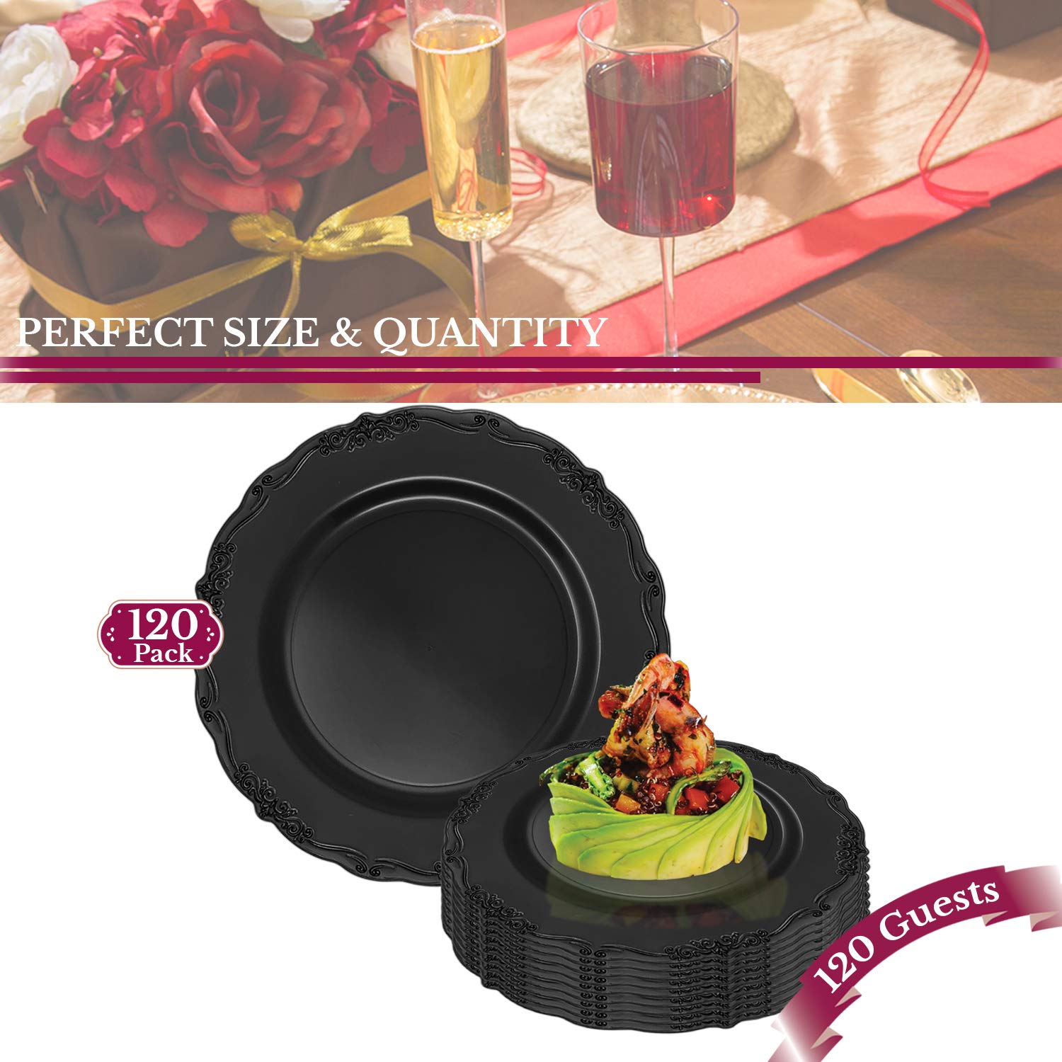 Elegant Black Disposable Plastic Plates for Parties - 120 Pack (7.5