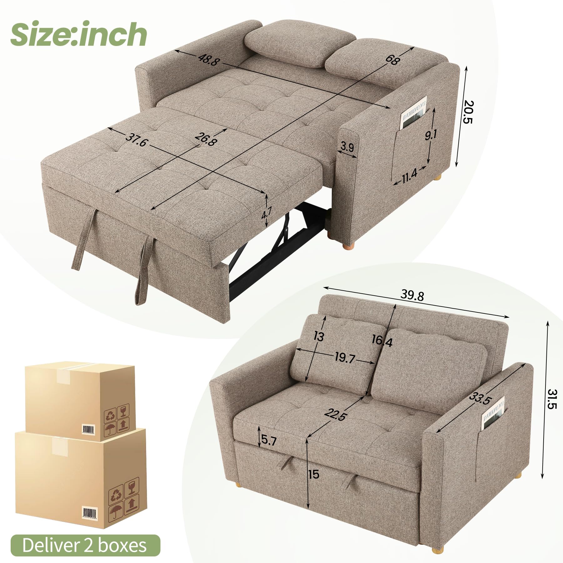 SEJOV 3-in-1 Convertible Sofa Bed with Linen Fabric - Pull Out Sleeper Couch, 49