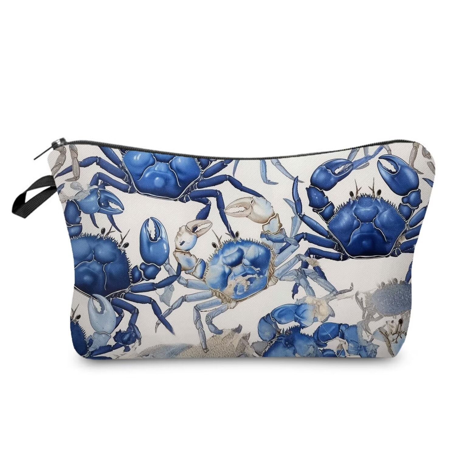 Blue Crab Makeup Bag - Small Waterproof Toiletry Organizer with Zipper Pouch | Watercolor Blue Crab Printed Cosmetic Bag | Perfect Gift for Crab Lovers & Women Friends | Great for Travel, Beach Trips & Daily Makeup Storage