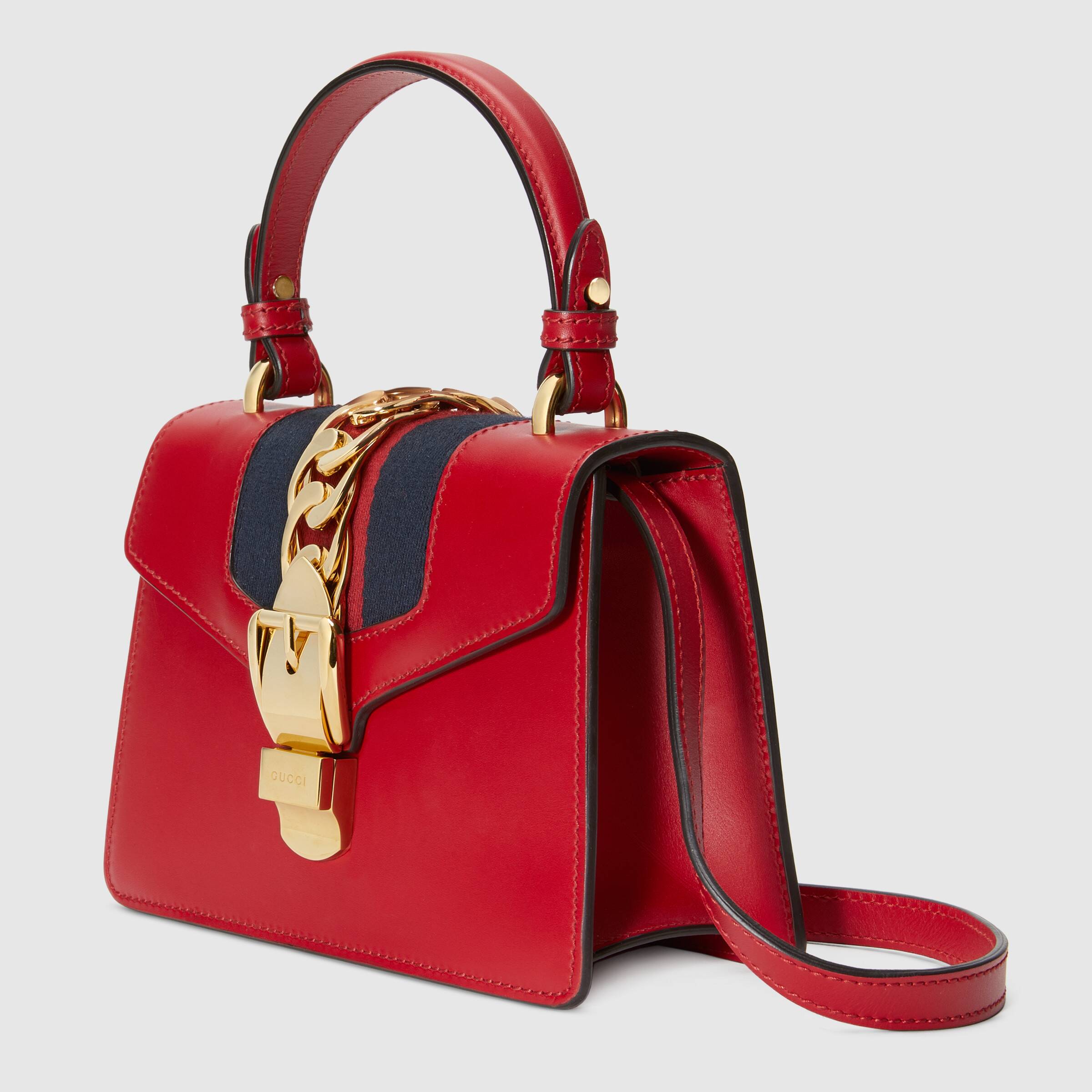 Gucci Sylvie Leather Mini Top Handle Bag in Hibiscus Red - Luxury Crossbody Purse for Women, Perfect for Parties, Dates & Everyday Use