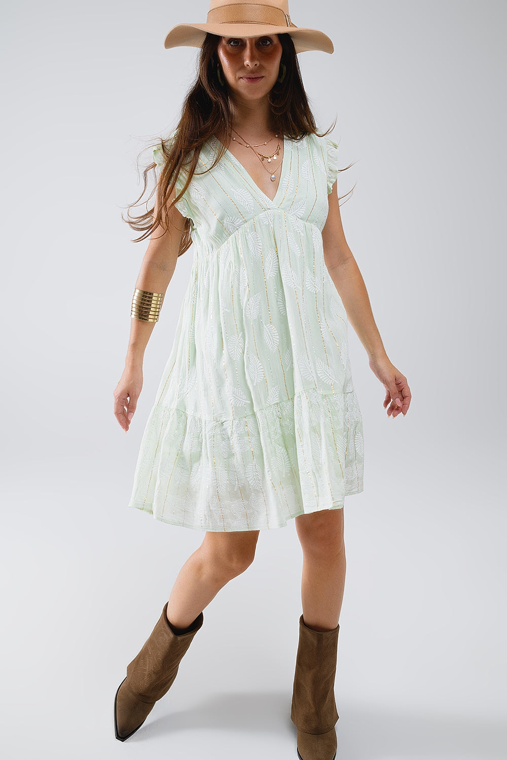 Mint Green Lace Babydoll Robe with Leaf Print and Lurex Thread - Perfect for Bridal Shower, Honeymoon, and Romantic Nights