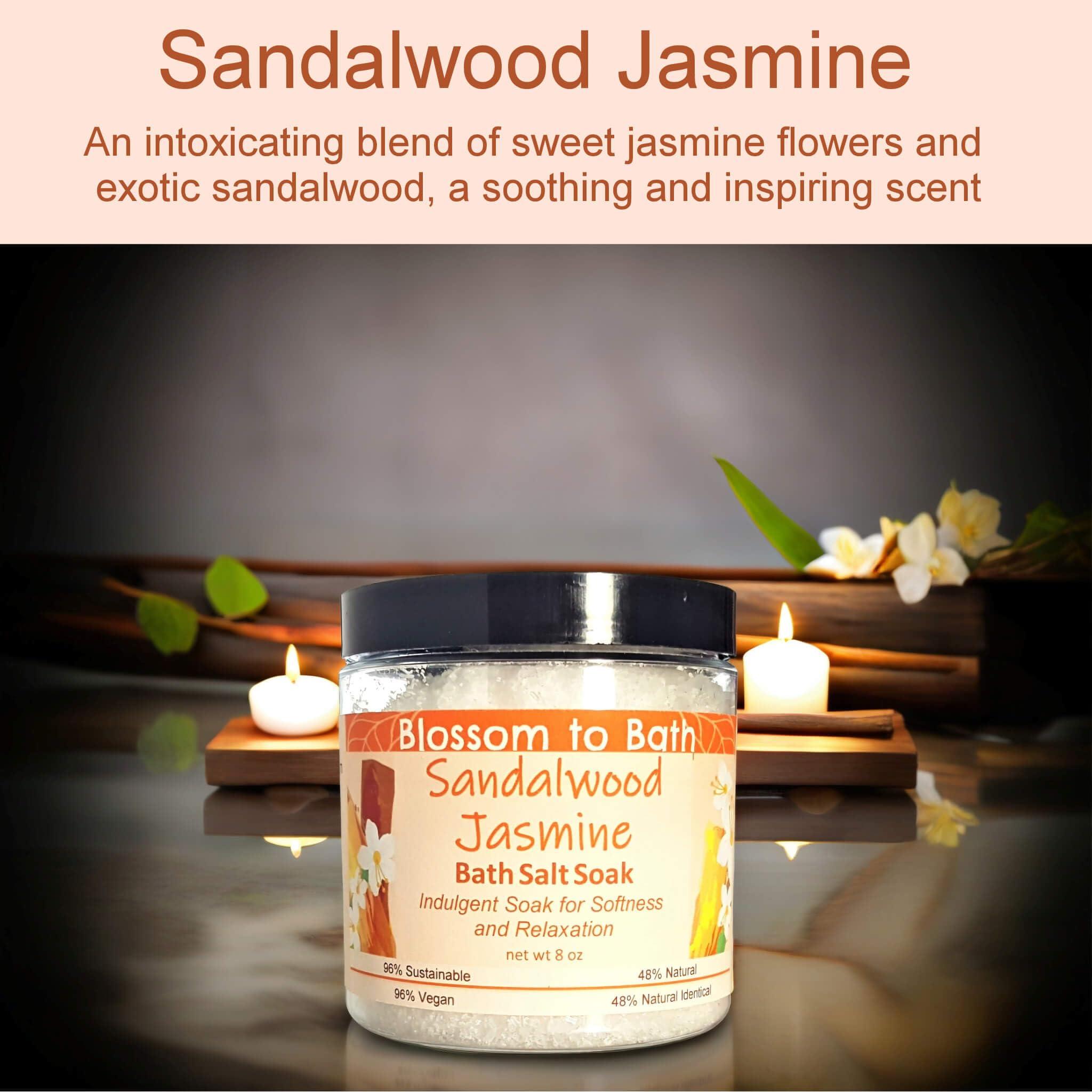 Natural Sandalwood Jasmine Bath Salt Soak (8 oz) - Relaxing Aromatherapy with Earthy Floral Scent - Perfect for Stress Relief & Spa Nights at Home