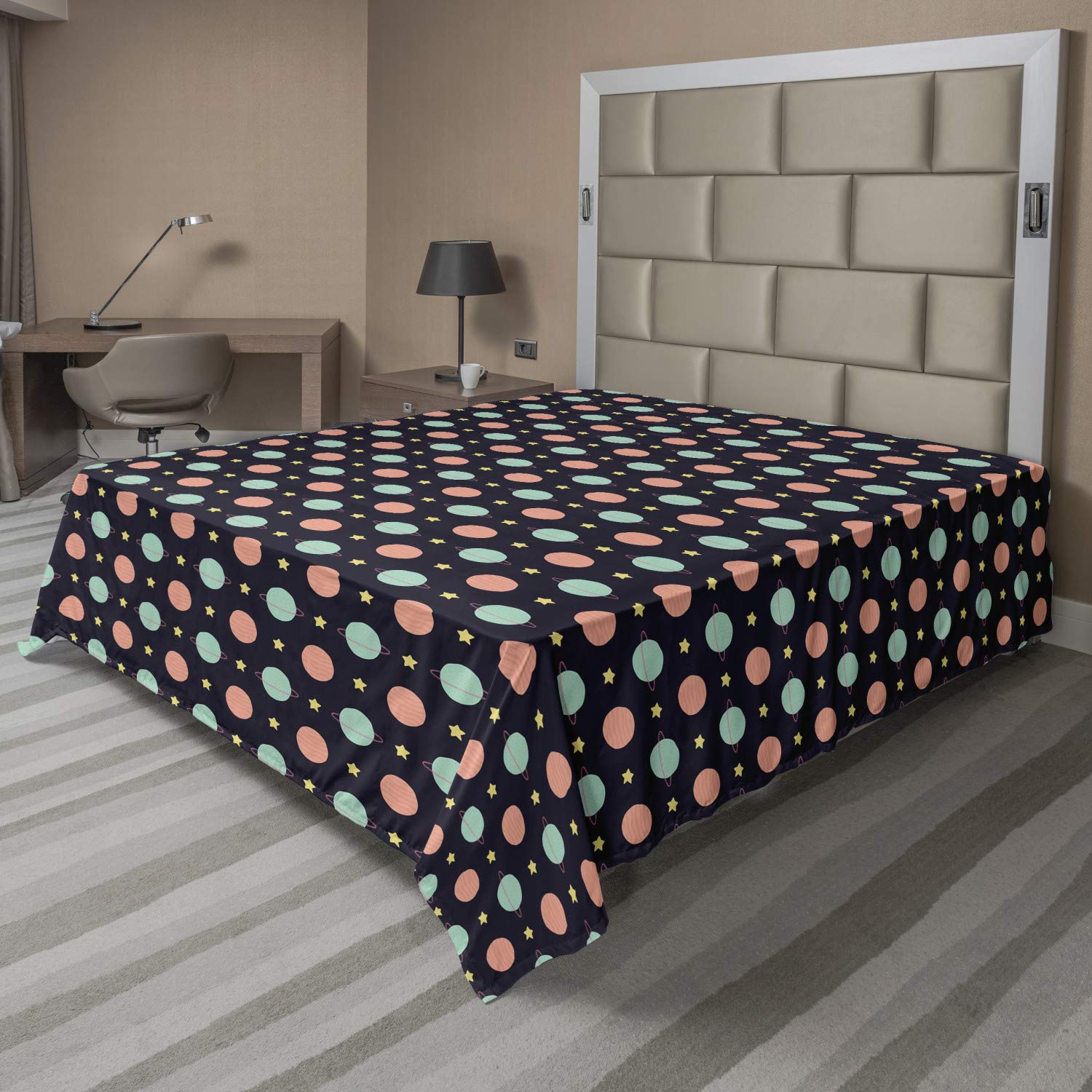 Ambesonne Outer Space Flat Sheet - Doodle Pattern Planets & Stars, Soft Comfortable Decorative Bedding (1 Piece, Full Size, Grey Multicolor) for Kids Room, Teen Bedroom & Space-Themed Decor