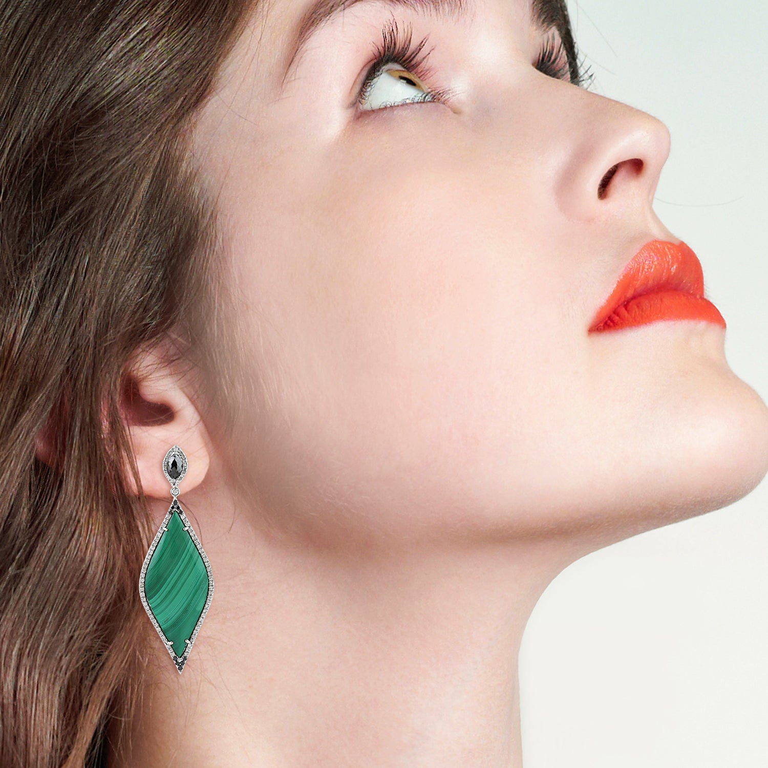 Exquisite Marquise Malachite Pave Black & White Diamond Dangle Earrings in 14K White Gold - Perfect for Weddings, Parties & Special Occasions