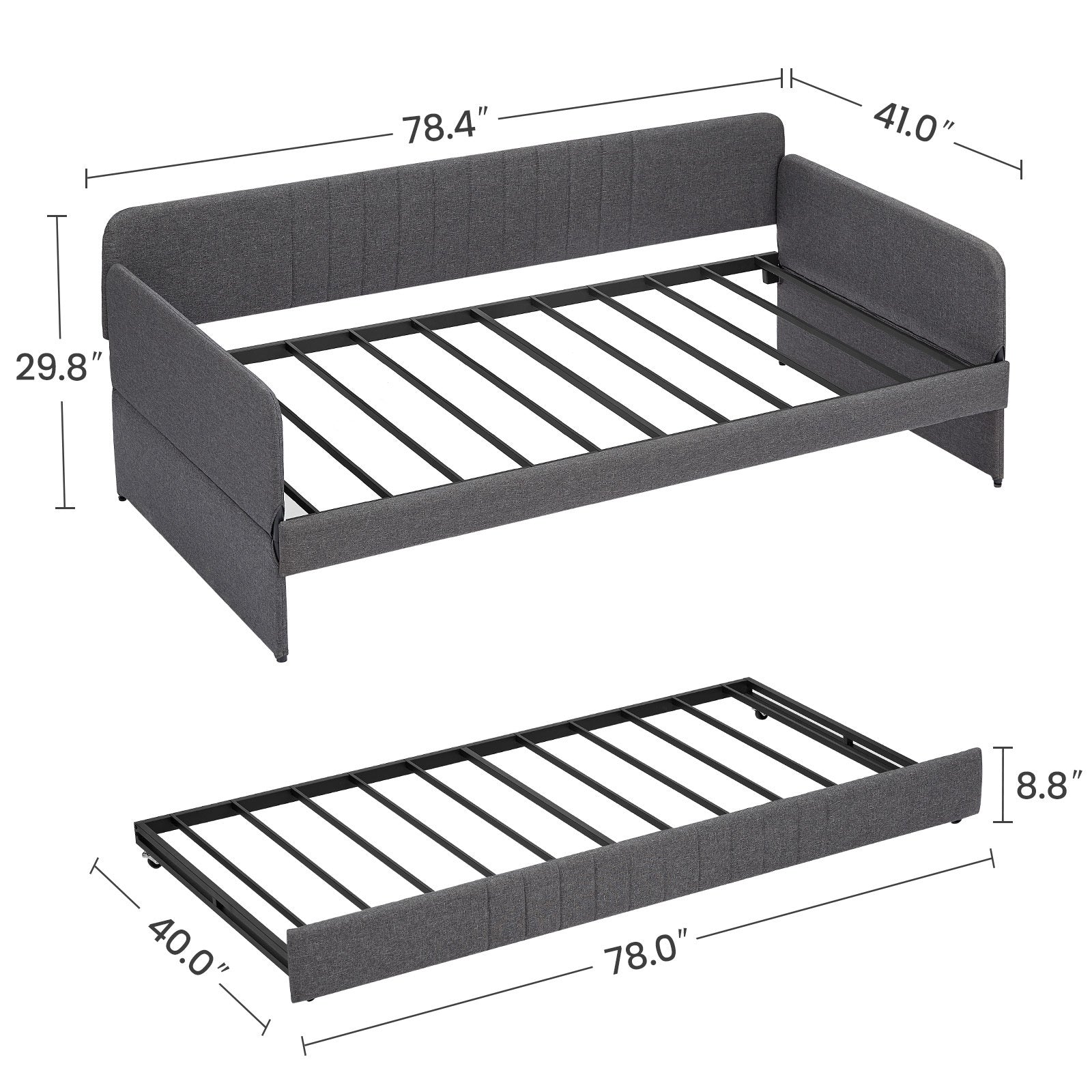 Metal Frame Daybed with Trundle - Twin Size Sofa Bed in Grey (78.4''W x 41''D x 29.8''H) - Perfect for Guest Rooms, Small Apartments & Home Offices