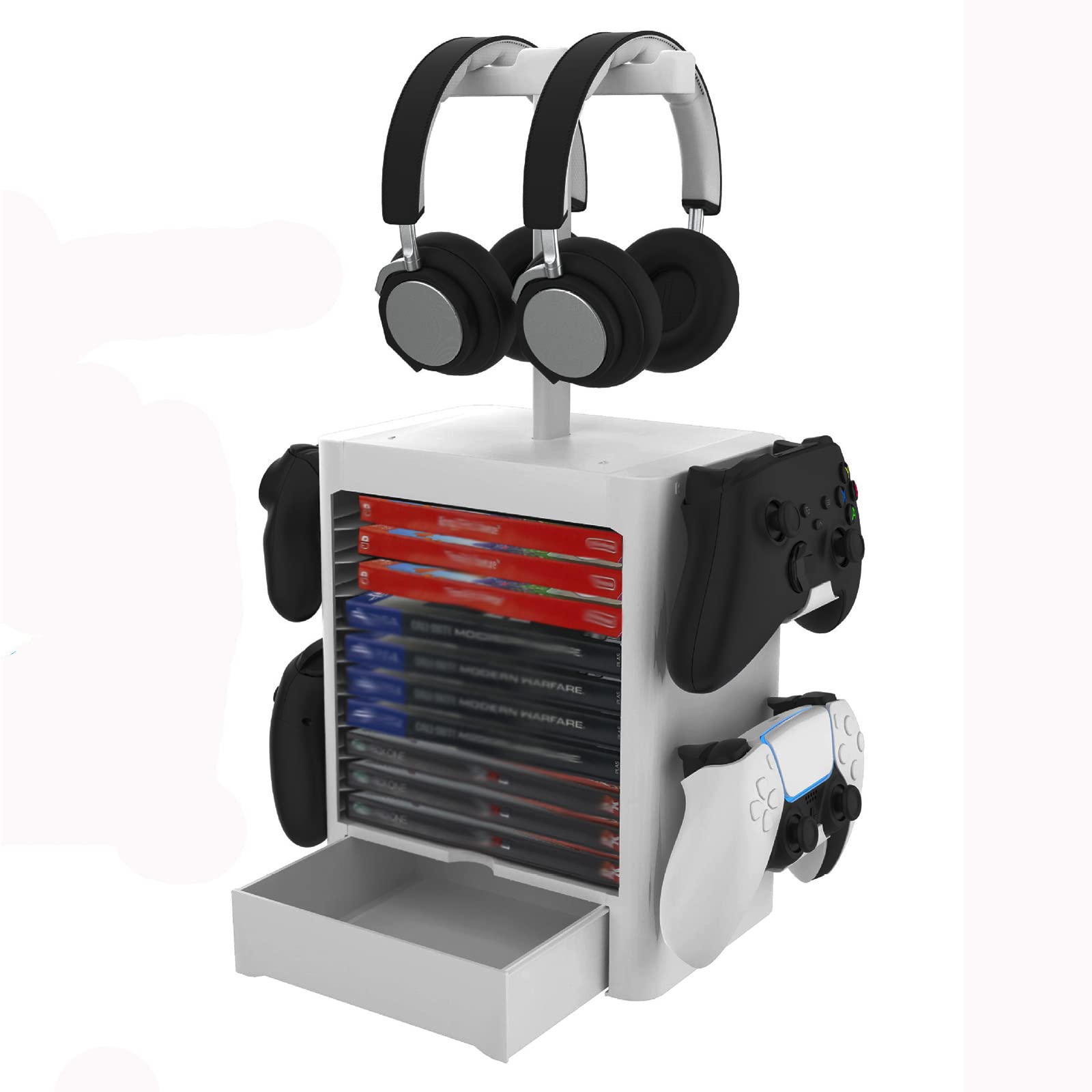 HUAYUWA Game Storage Tower (Gray) for Sony PlayStation 5, Multi-Functional Controller & Headset Holder - Compatible with PS5/PS4/Xbox One/Nintendo Switch - Perfect for Gaming Setup & Accessory Organization