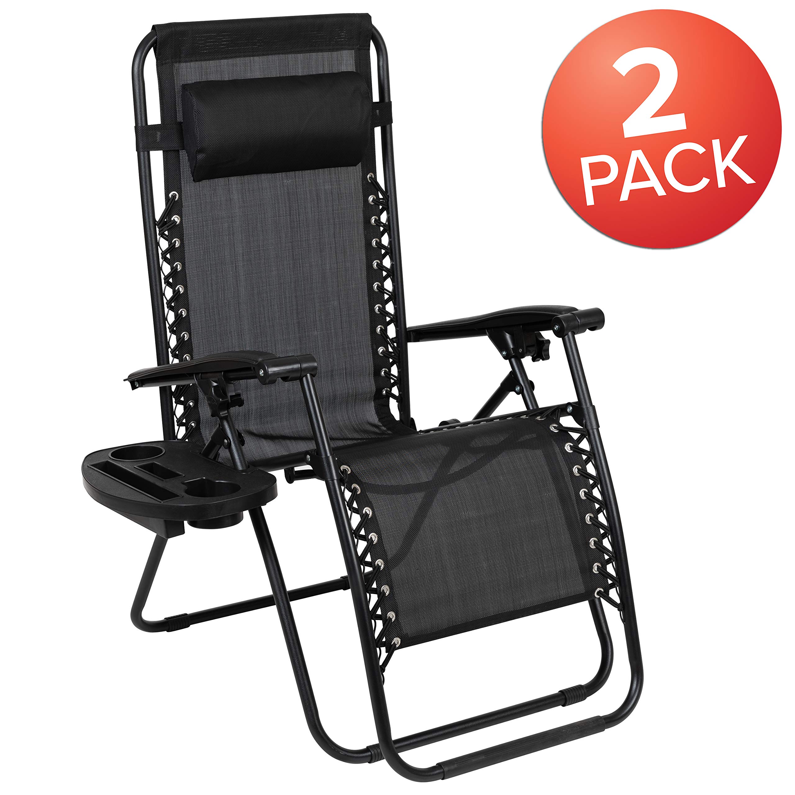 EMMA + OLIVER 2 Pack Adjustable Zero Gravity Lounge Chairs with Mesh Fabric & Cup Holder Tray - Outdoor Patio Furniture for Poolside, Beach, Garden Relaxation - Black