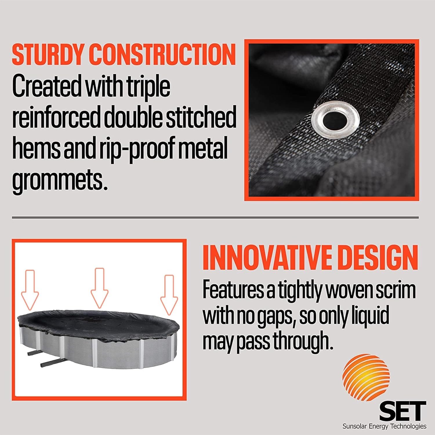 SET SunSolar Energy Technologies - 18x38 Foot Oval Above Ground Winter Pool Cover with Sturdy Cable & Winch - Heavy Duty Mesh Swimming Pool Cover for Winter Protection - Includes Cover Clips - 8 Year Warranty - Ideal for Cold Weather Pool Maintenance and Snow Load Protection