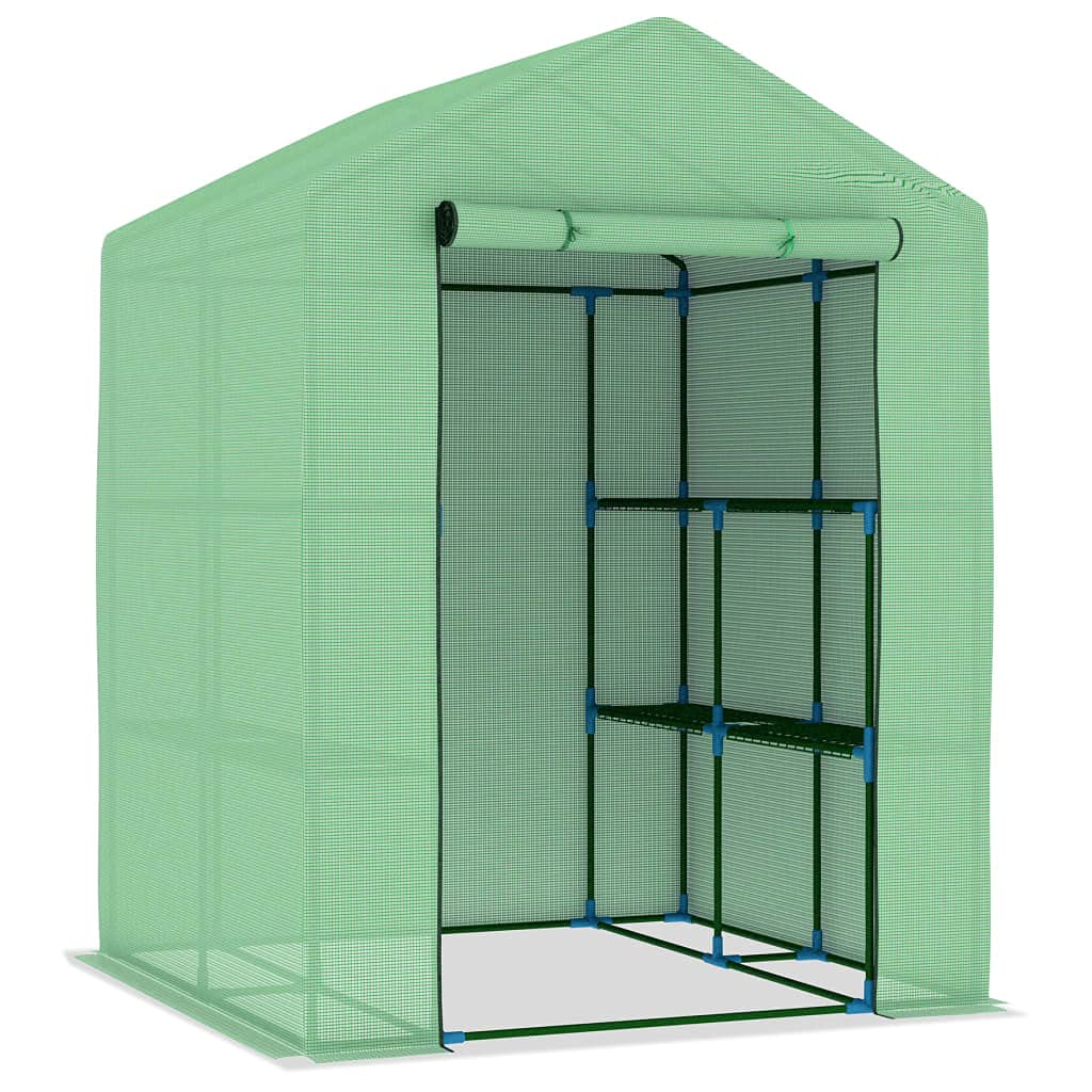 vidaXL Greenhouse with Shelves - Spacious Steel Plant House with Heavy Duty PE Mesh Fabric - Optimal Plant Protection, Rust-Proof Powder-Coated Frame, Green - Perfect for Backyard Gardening, Seed Starting & Plant Growing