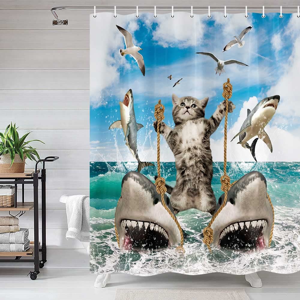 Funny Cat Riding Shark Shower Curtain - Waterproof Bathroom Decor with Hooks, 54x70 Inches, Ocean Blue Theme for Kids & Adults - Perfect for Bathroom, Beach House, or Dorm Room Decor