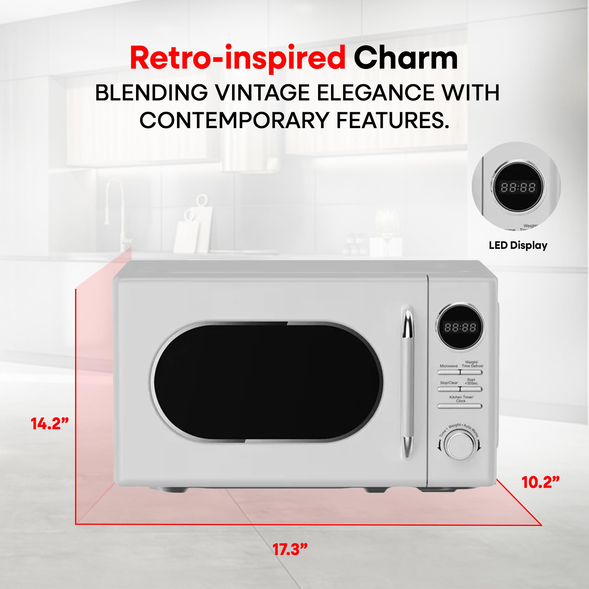 Magic Chef 0.7 Cu Ft Countertop Microwave Oven - Retro Style Compact Microwave for Small Kitchens, Dorms & Offices - White (Perfect for Heating Meals, Popcorn & Beverages)