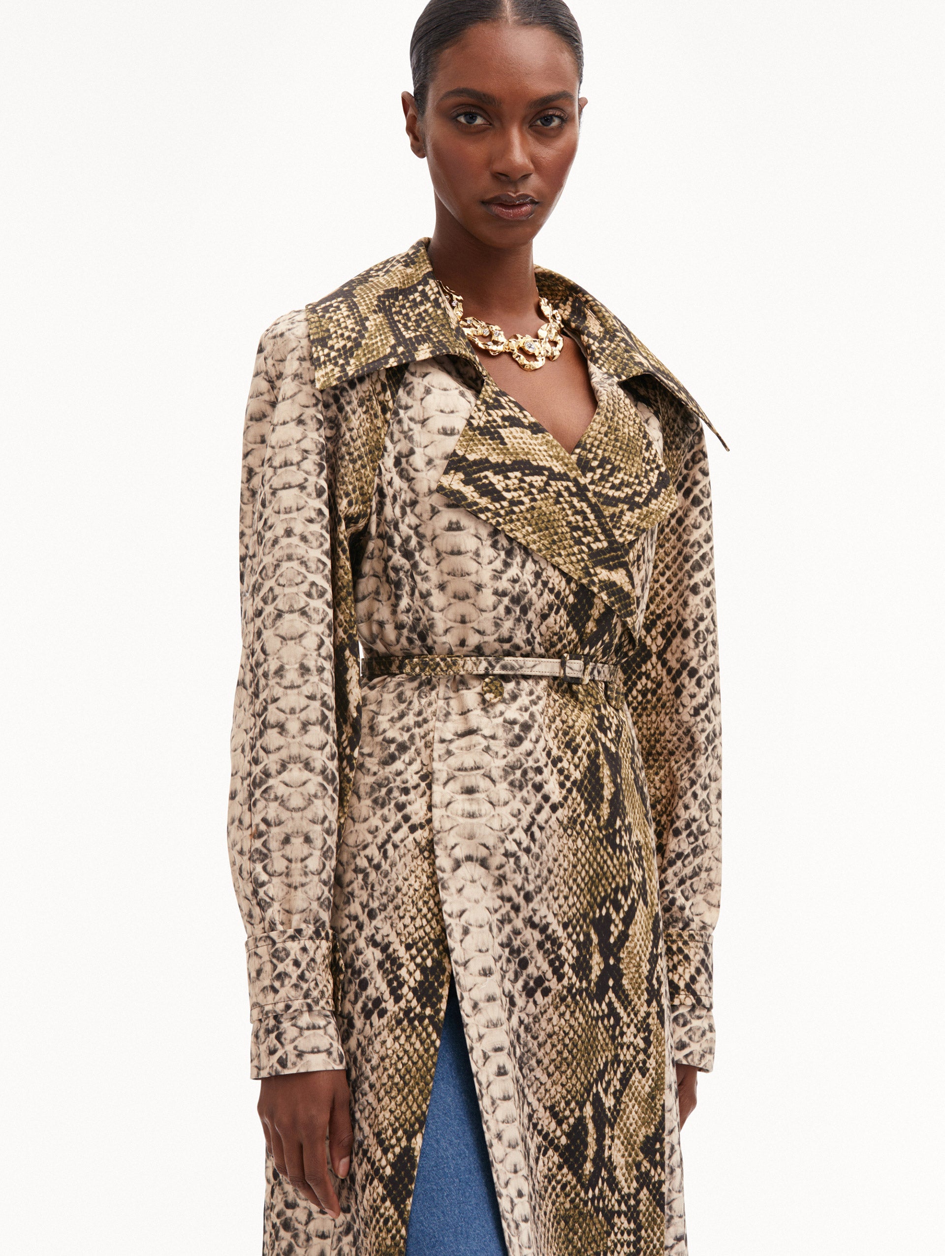 Stylish Snake Print Cotton Trench Coat for Women - Fashionable Water-Resistant Long Coat for Fall & Winter - Perfect for Office, Dating & Outdoor Activities