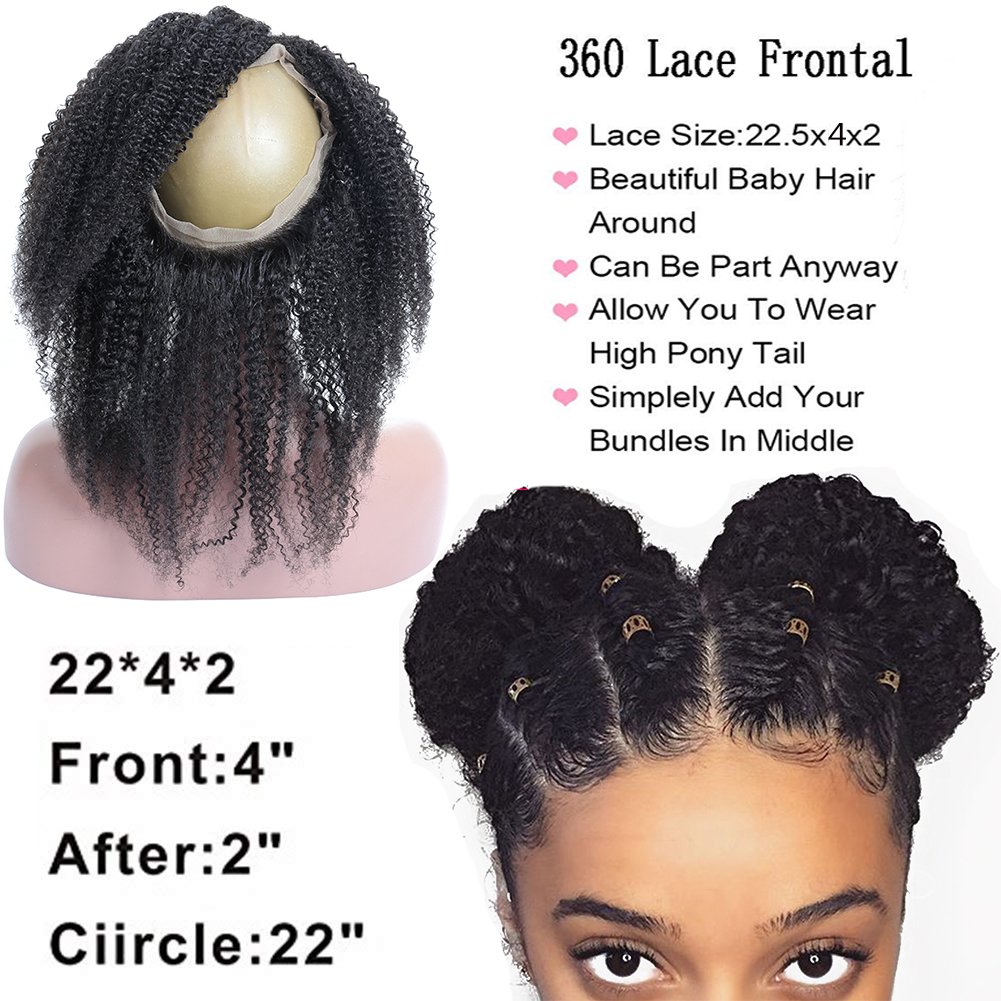 360 Lace Frontal Afro Kinky Curly Human Hair Closure Piece - 4B 4C Curly Circle Lace Band Closure with Baby Hair - Brazilian Remy Hair 8 Inch - Perfect for Protective Styles, Wig Making & Natural Hair Extensions