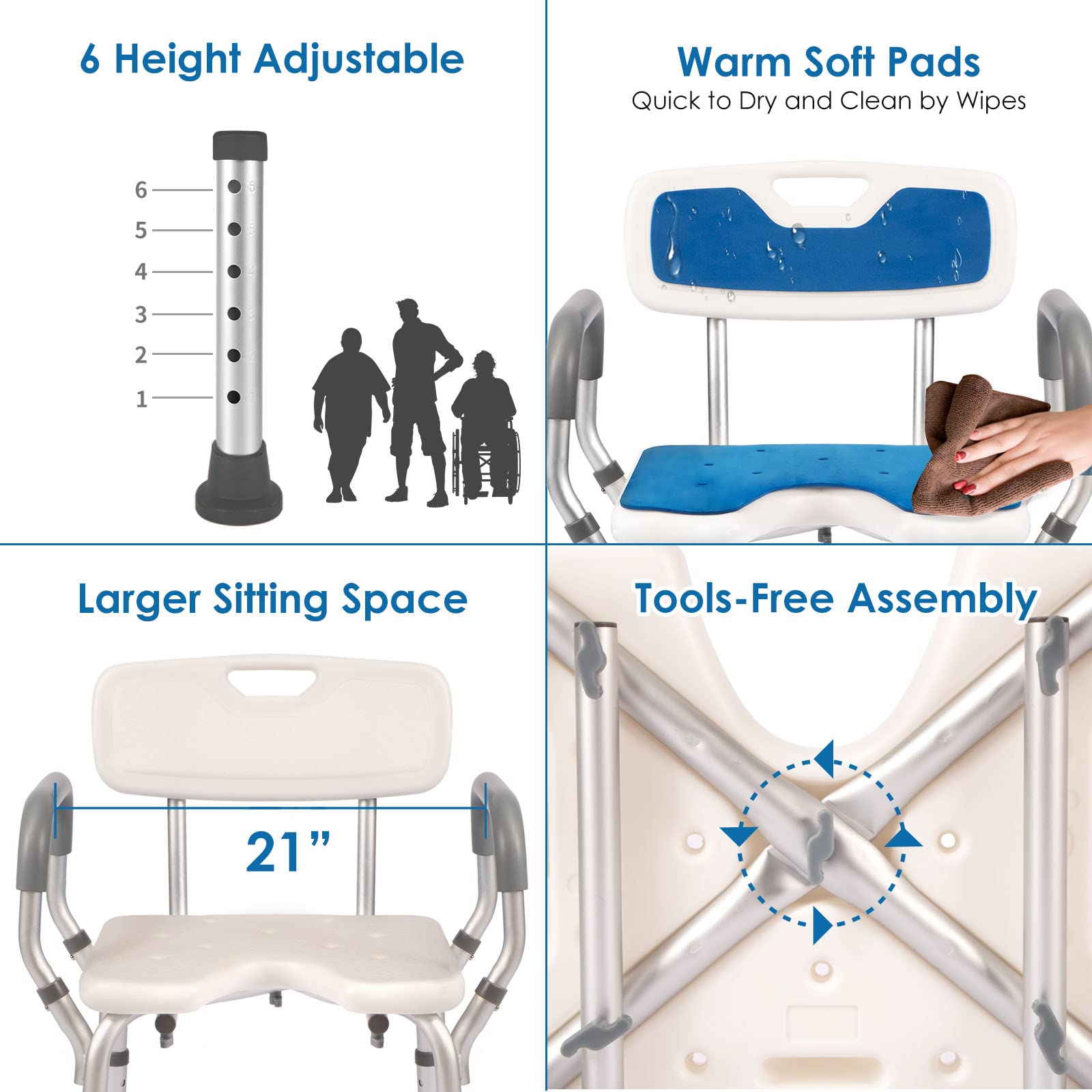 Sturdy Shower Chair with Arms & Back Support - 330lb Weight Capacity, Non-Slip Bath Seat for Elderly & Disabled, Tool-Free Assembly with Cutout Design & Anti-Cold Pads - Ideal for Safe Bathing & Shower Safety
