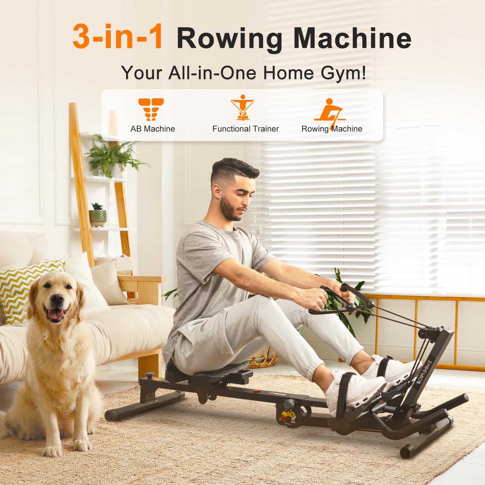 3-in-1 Home Gym System: Rowing Machine, Leg Press & Ab Glider for Full Body Workout - Adjustable Resistance Strength Trainer with LCD Display - Perfect for Home Fitness, Small Spaces & All-Level Core Training