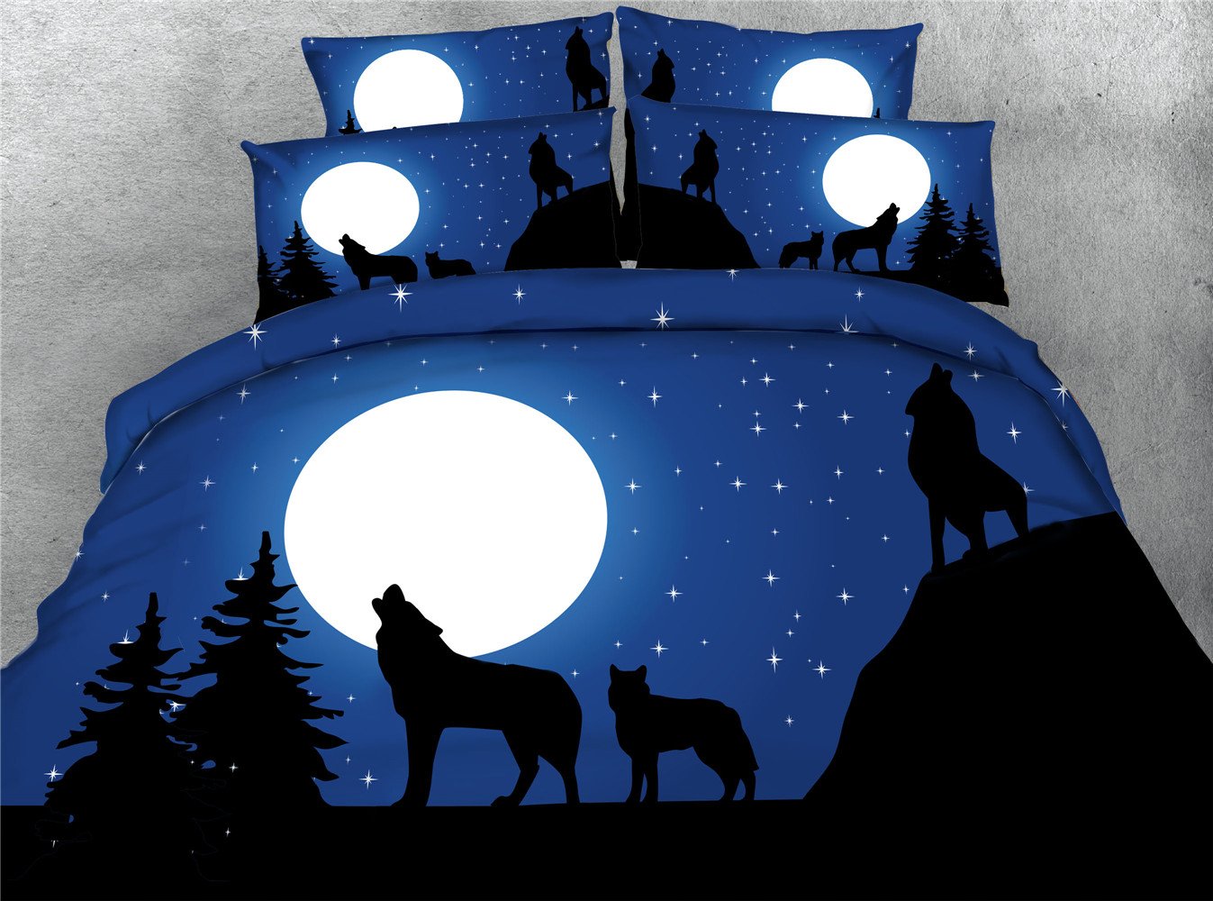 Newrara 3D Digital Printed Stars and Wolves Night Sky Blue Duvet Cover Set - 4 Piece Twin Size Bedding - Perfect for Kids Rooms, Teen Bedrooms & Cozy Cabin Decor