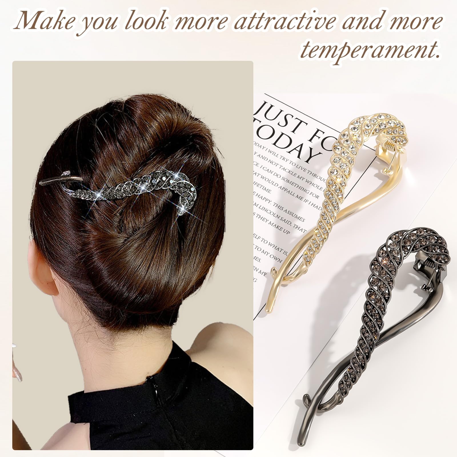 TecoKart® 3 Pack Rhinestone Banana Hair Clips & French Bun Maker Set - Elegant Metal Hair Accessories for Women & Girls with Medium to Thick Hair | Perfect for Weddings, Parties & Everyday Styling