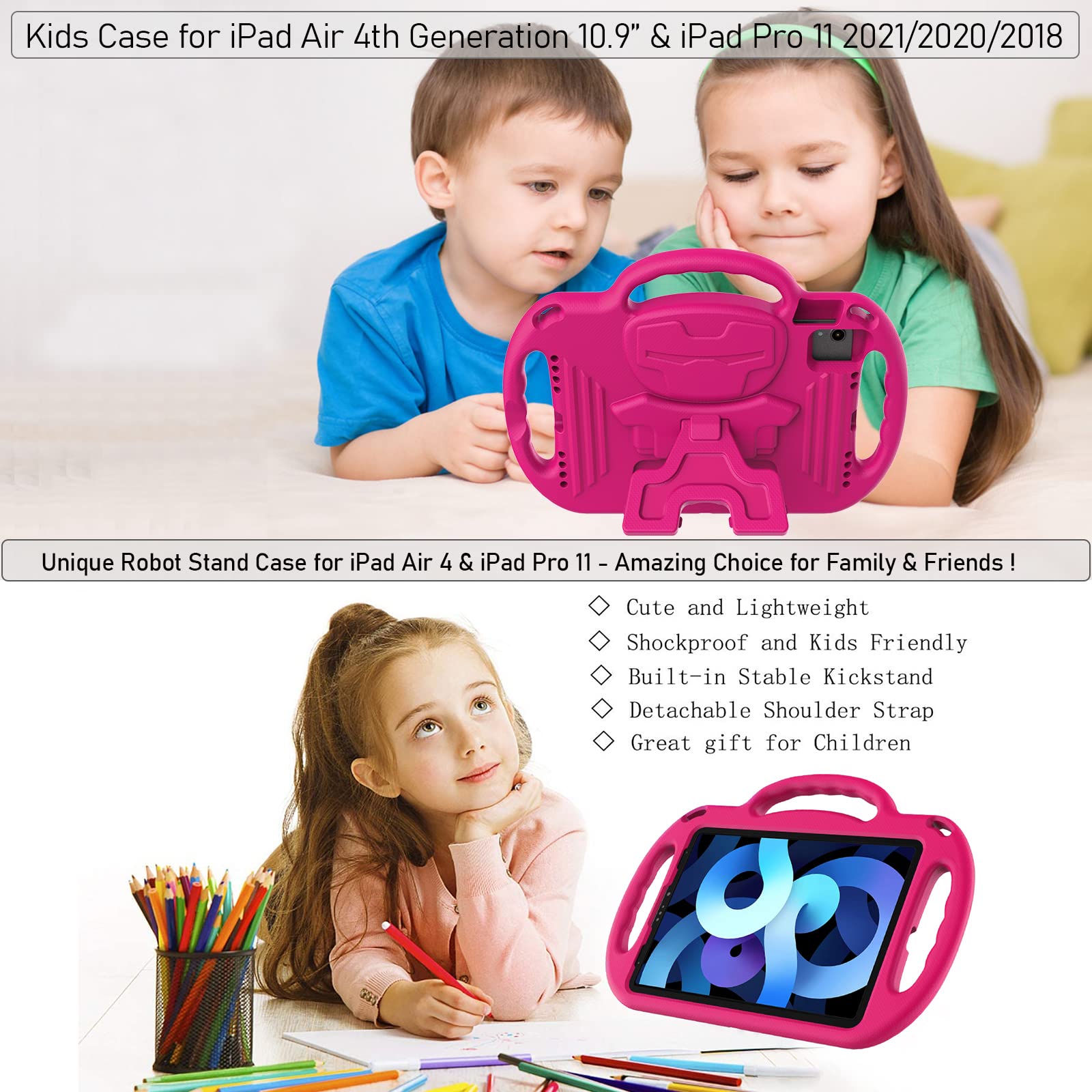 LTROP Kids Shockproof iPad Case for iPad Air 6th/5th/4th Gen & Pro 11 (2024/2022/2020 Models) - Durable Protective Cover with Shoulder Strap, Handle & Stand for 10.9-11 inch Tablets (Rose Pink) - Perfect for School, Travel & Home Learning