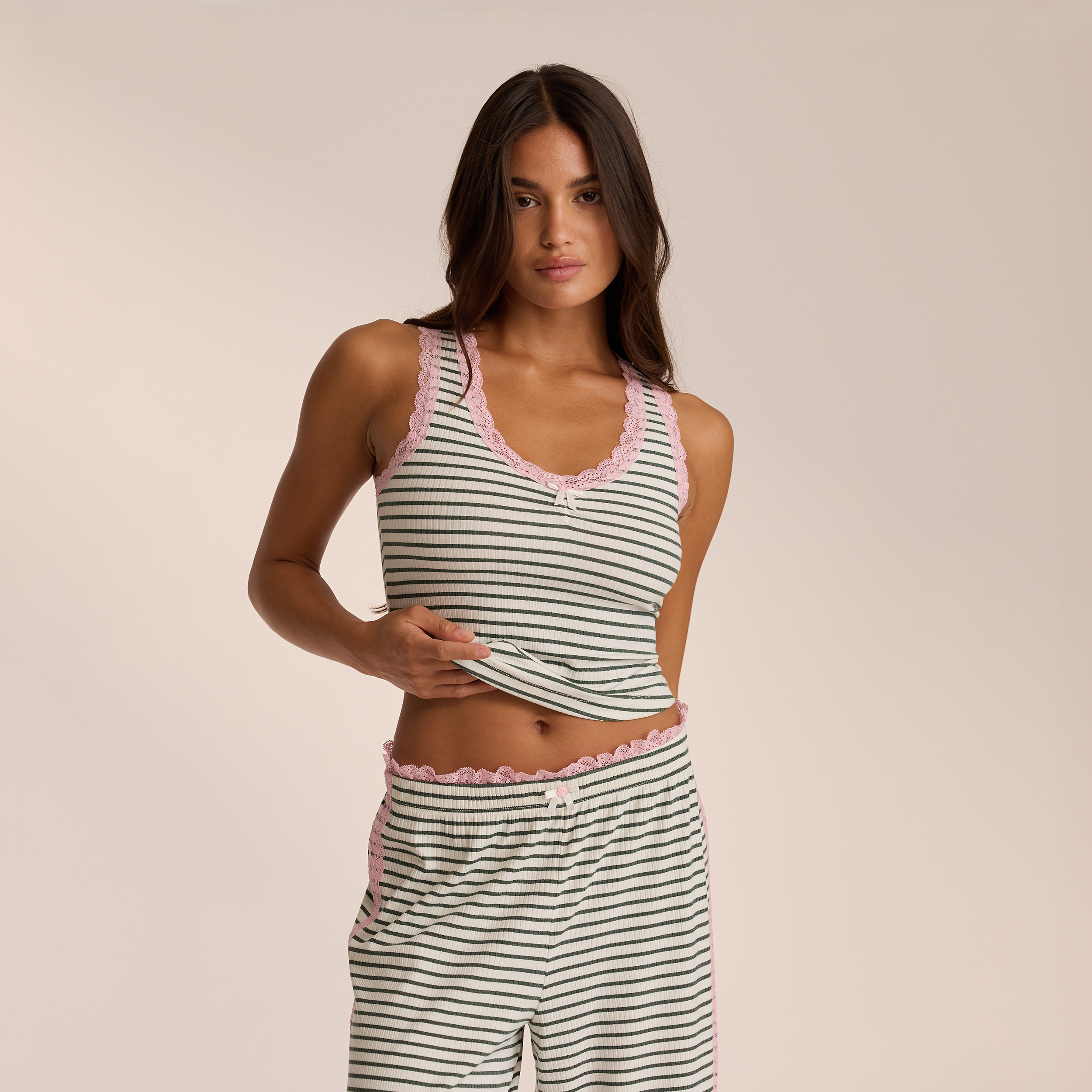 Lace Vest Pyjama Top - Green Stripe Sleepwear for Women | Comfortable Loungewear for Home & Bedtime