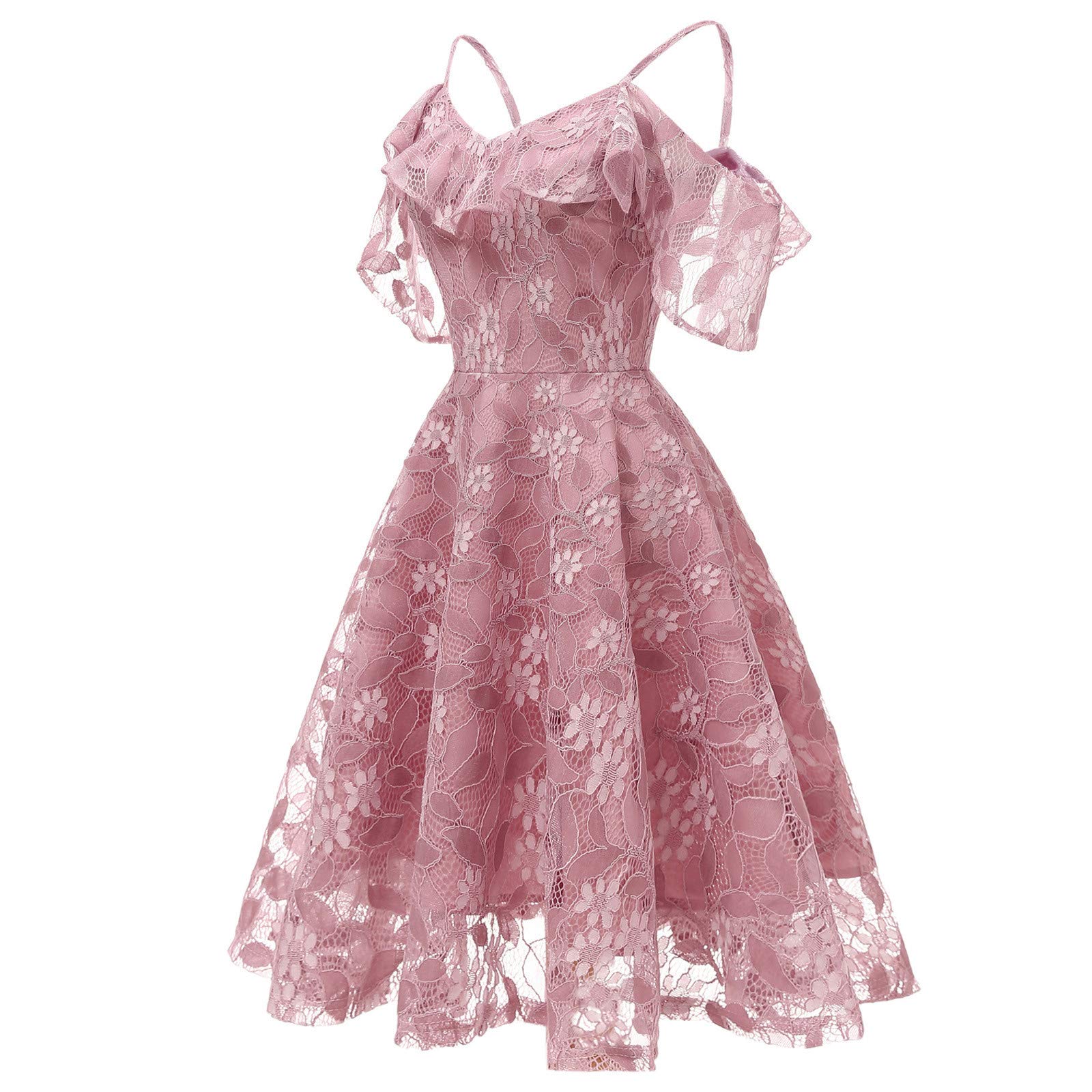Women's Floral Lace Cold Shoulder Dress with Ruffle Sleeves - Pleated Knee Length Cocktail Party Gown for Evening Events, Prom, Wedding Guest & Special Occasions
