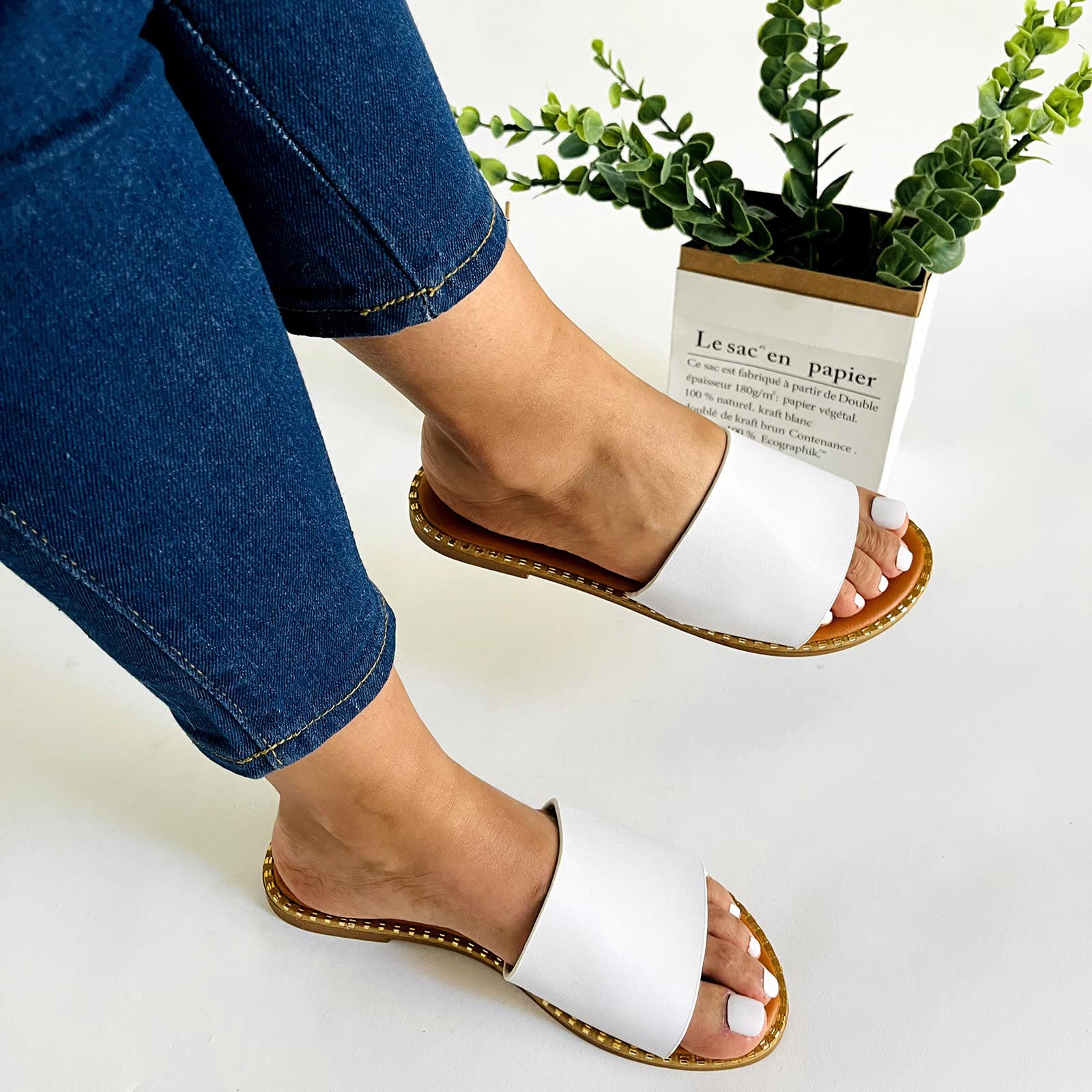 Women's Casual One Strap Slide Sandals - Flat Slip-On Comfortable Dressy Sandals for Summer, Beach, Vacation & Everyday Wear