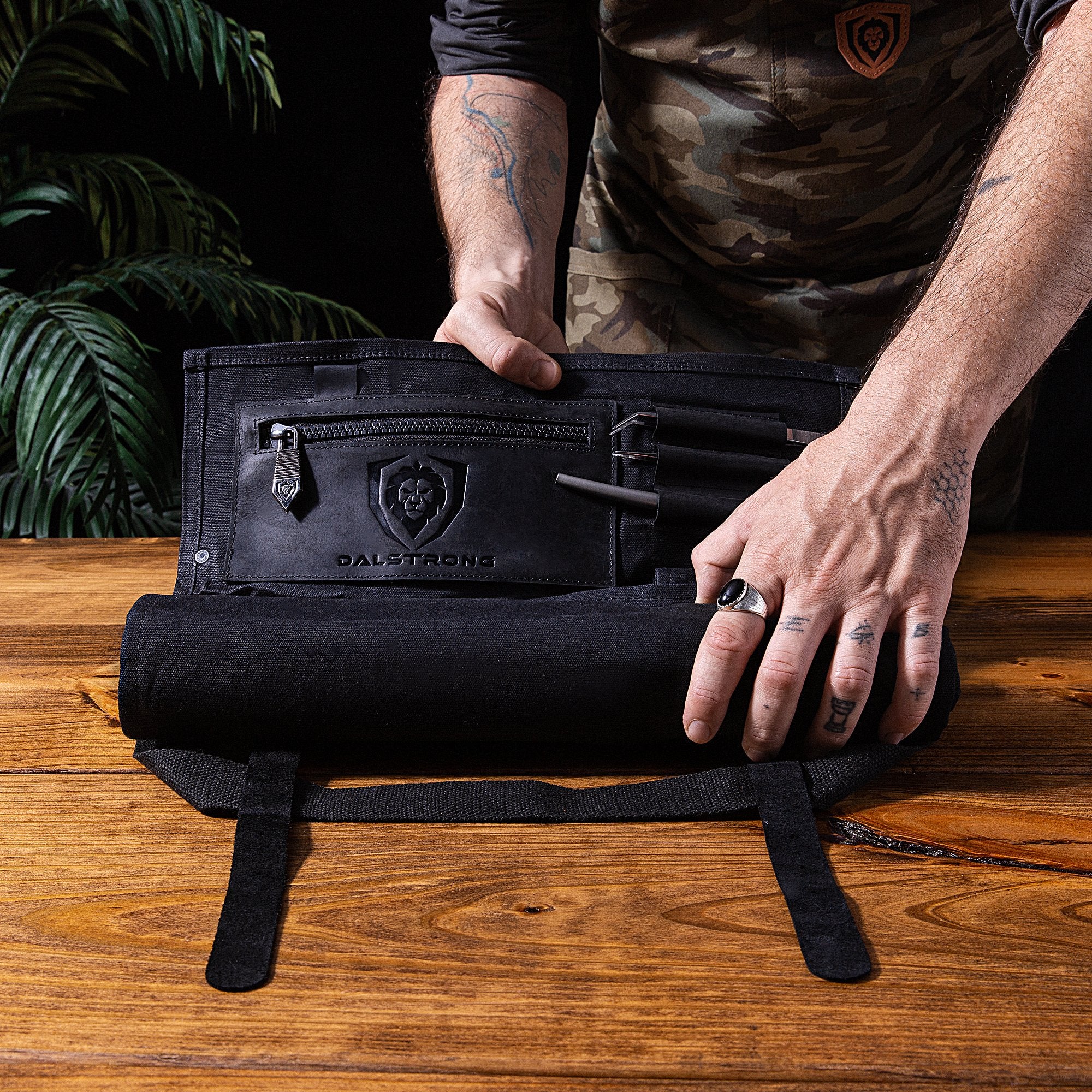 12oz Heavy Duty Canvas & Leather Knife Roll - Nightmaster Black | Dalstrong Professional Chef Knife Holder | Perfect for Chefs, BBQ & Outdoor Cooking